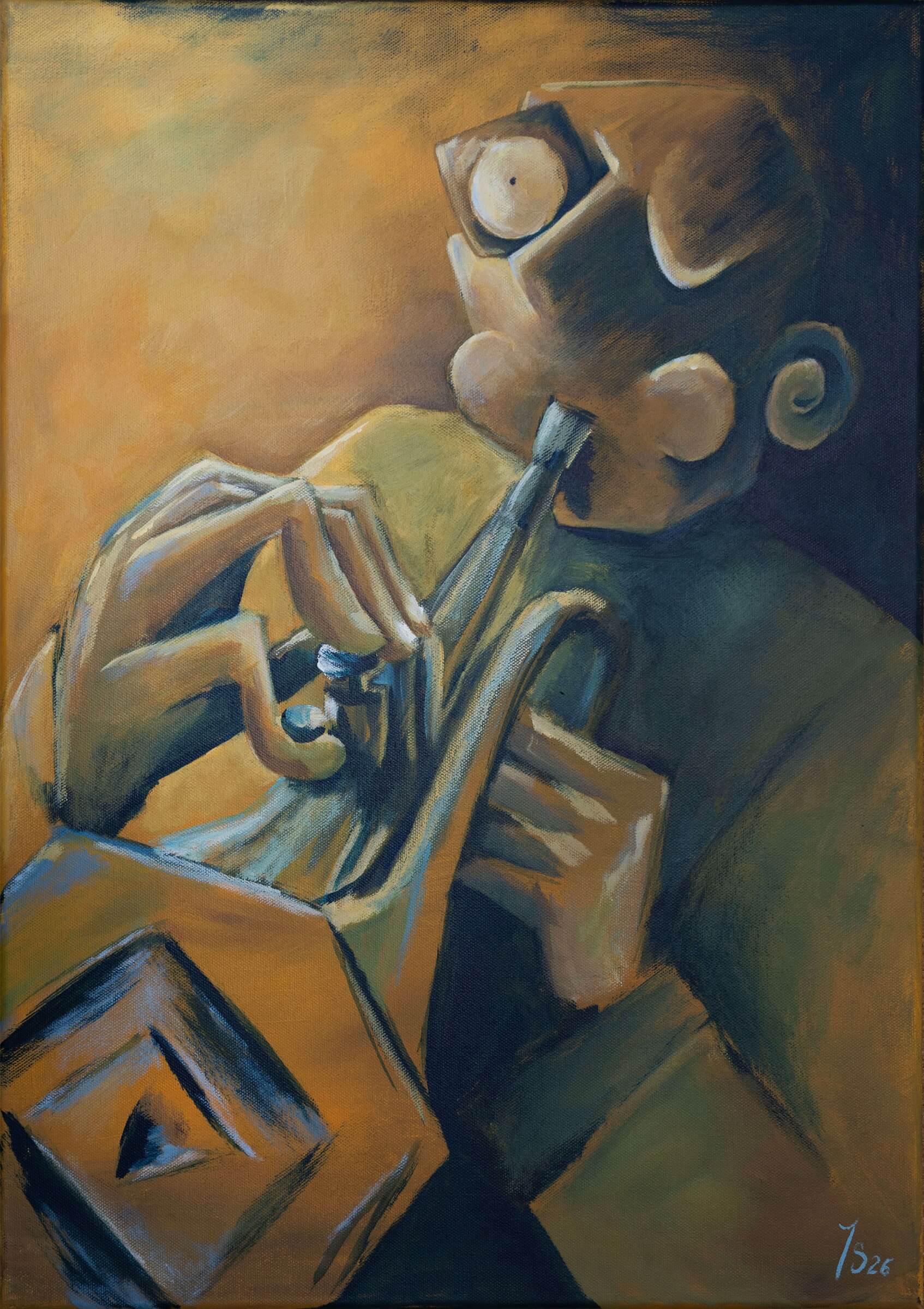 An abstract painting of a trumpet player in warm tones. 