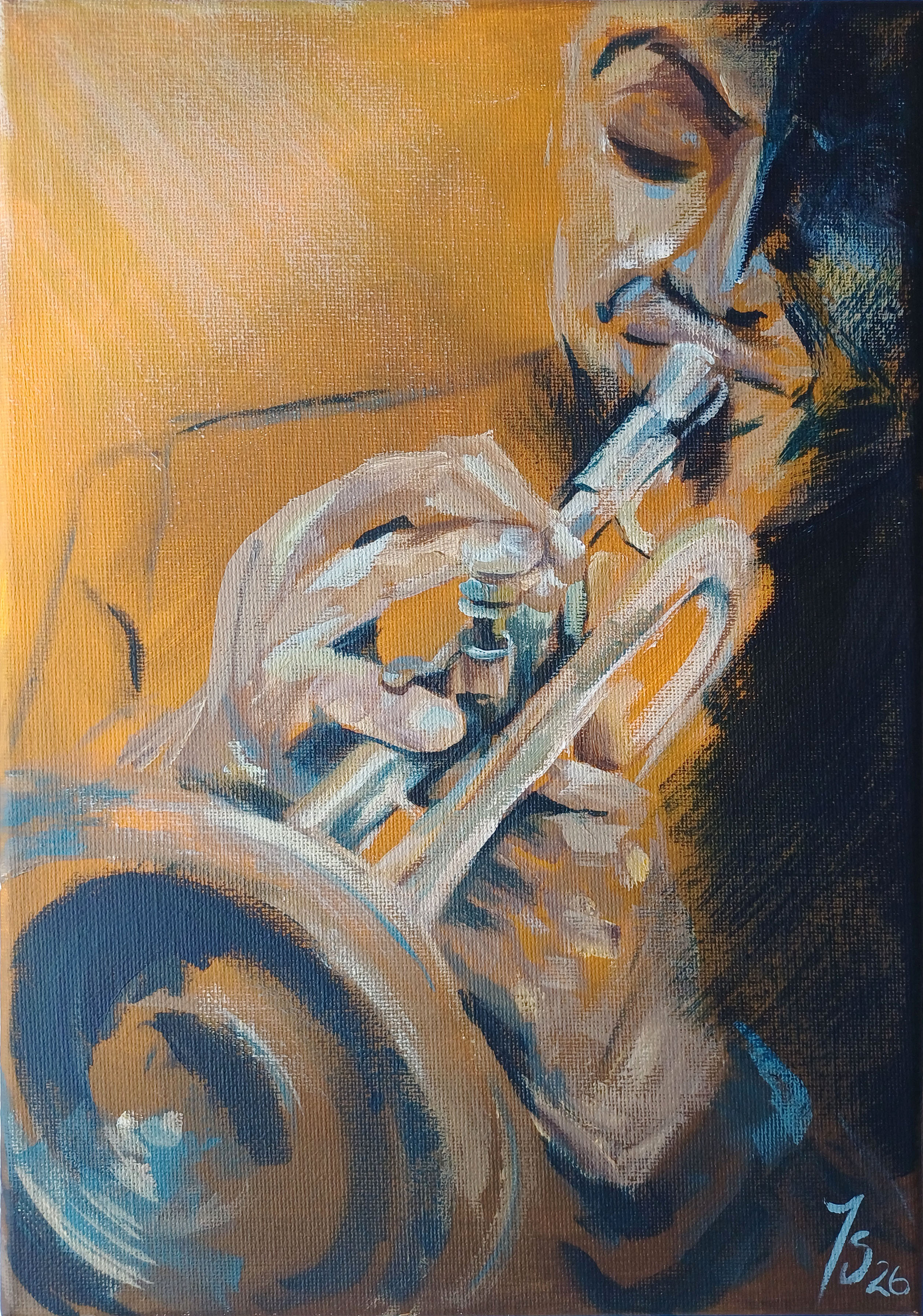 A trumpet player painted in oranges with blue access to indicate shadows
