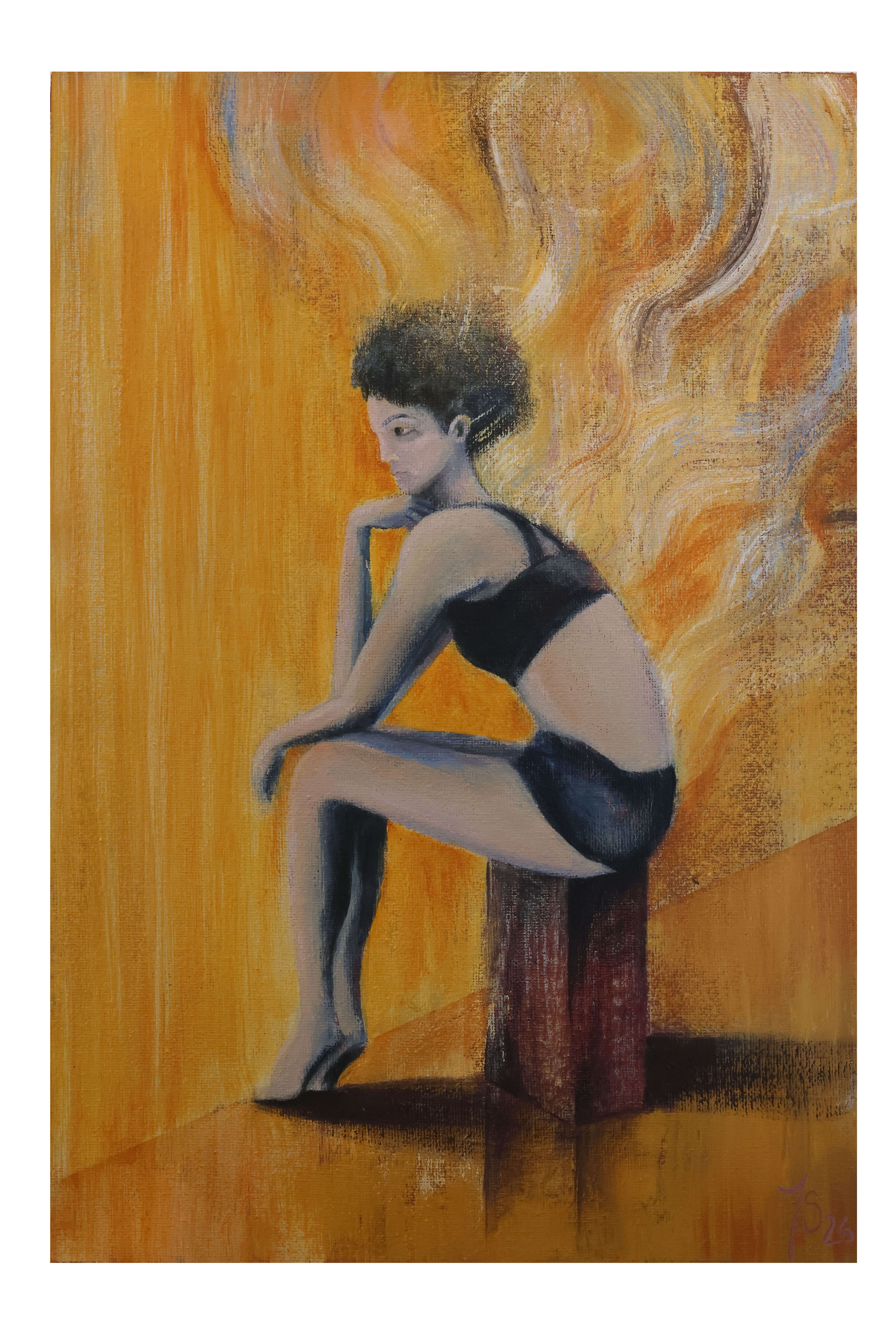 A women seating on a wooden block, meditating to the nothingness and spiritual strokes coming out of her back
