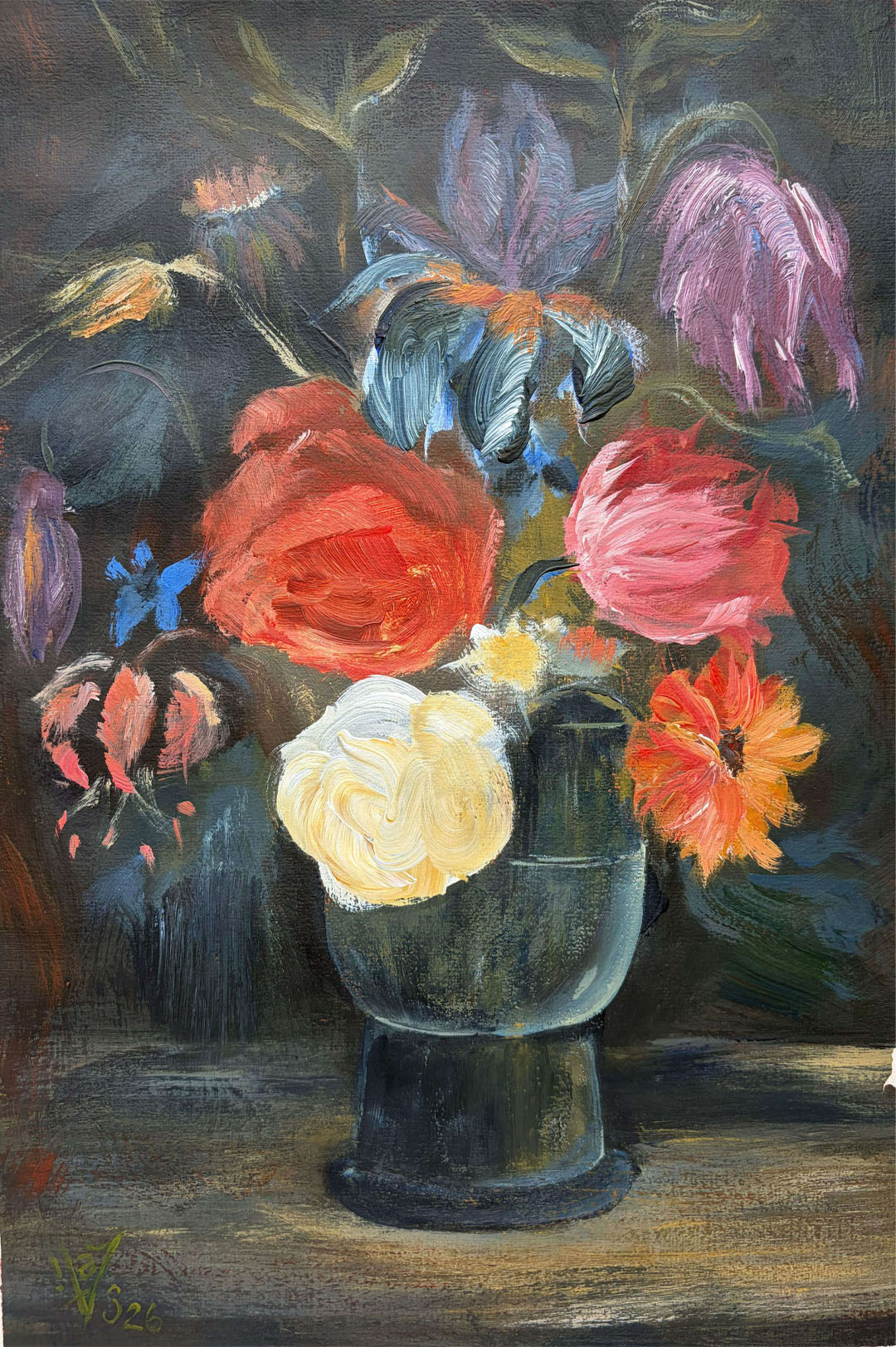 A contemporary painting of a flower's base with expressive strokes of paint