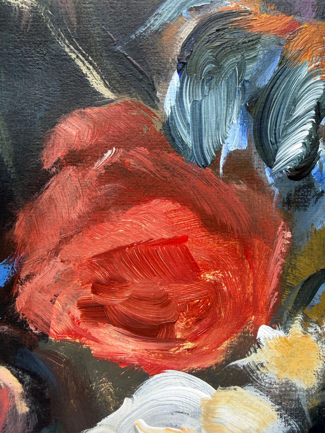 Close up of a contemporary painting of a red rose with expressive strokes of paint