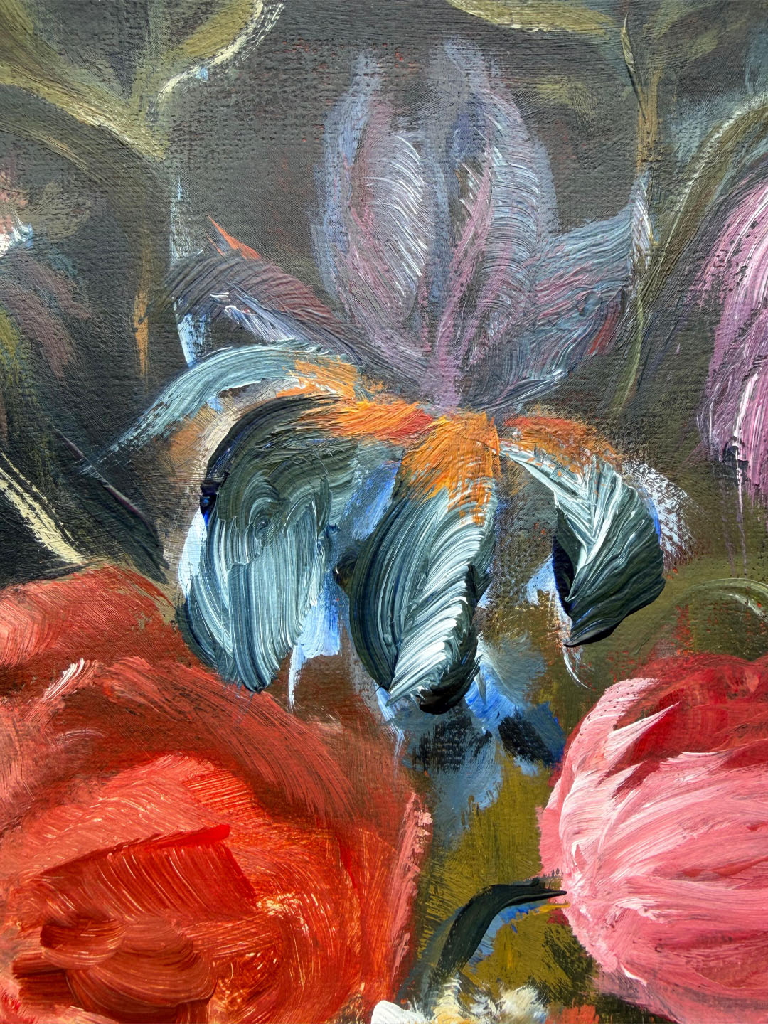 Close up of a contemporary painting of an exotic flower with expressive strokes of paint