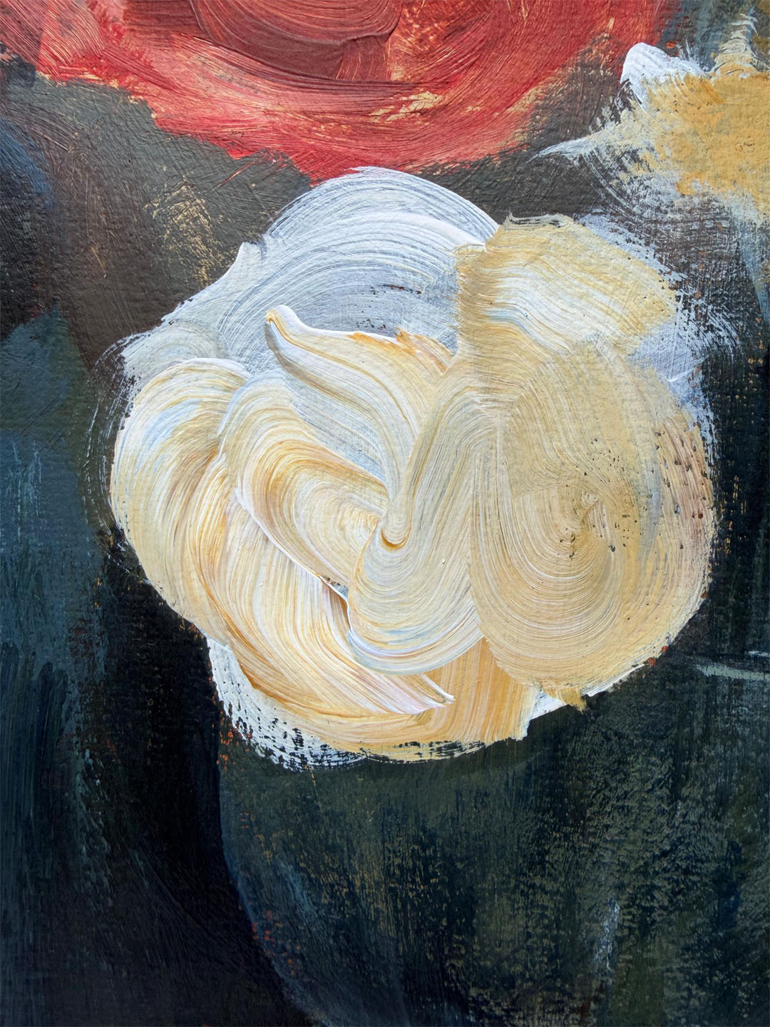 Close up of a contemporary painting of a white flower with expressive strokes of paint