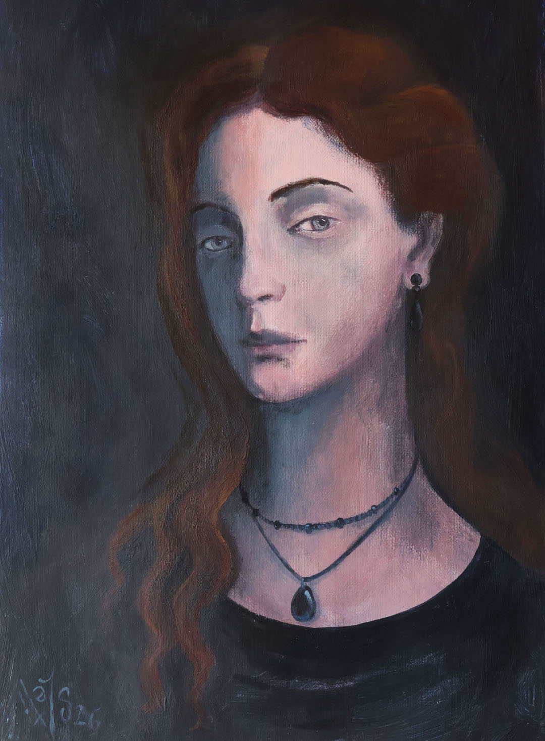 A dark portrait of a woman with very sad and deep sight