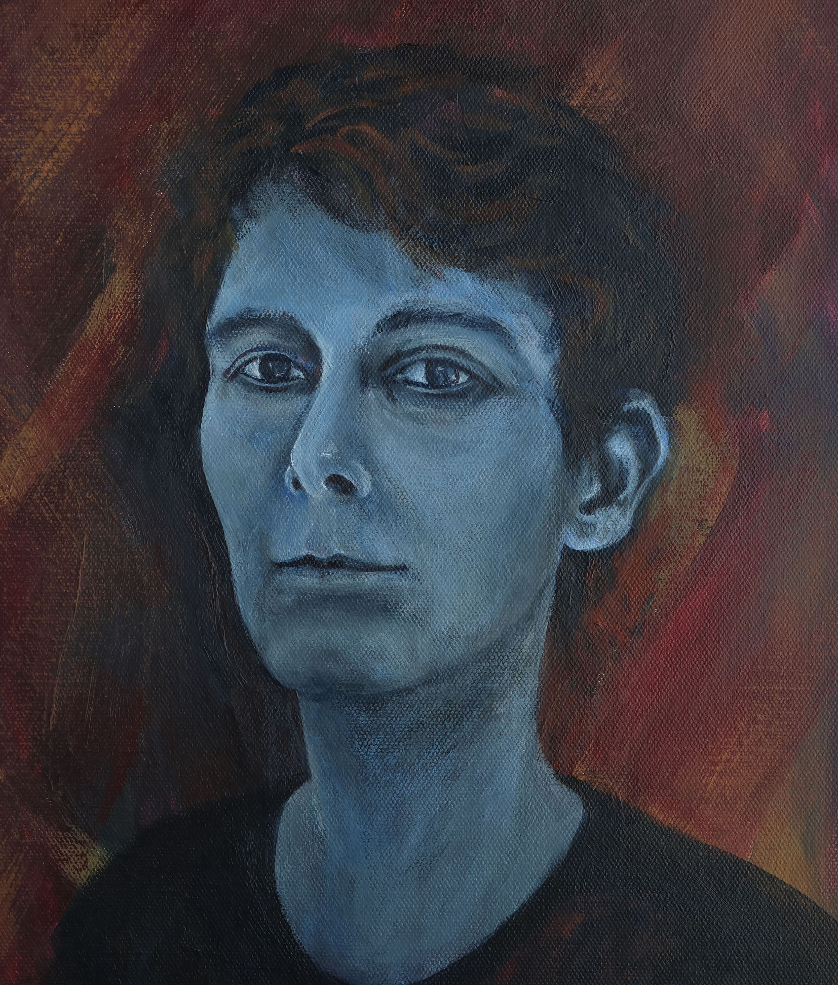 Self portrait painting in blue tones with dark burgundy background