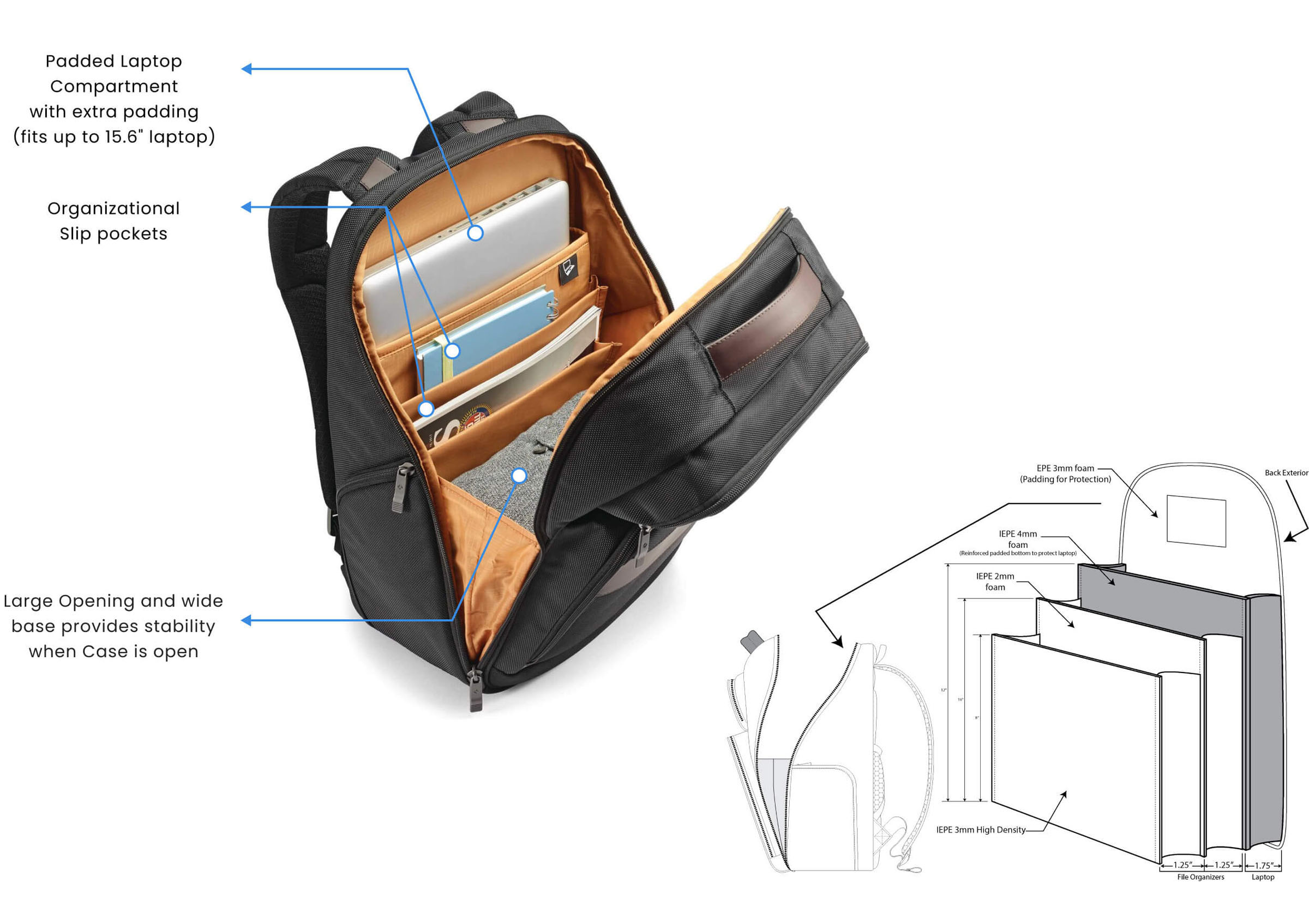 image of an open backpack with technical drawings
