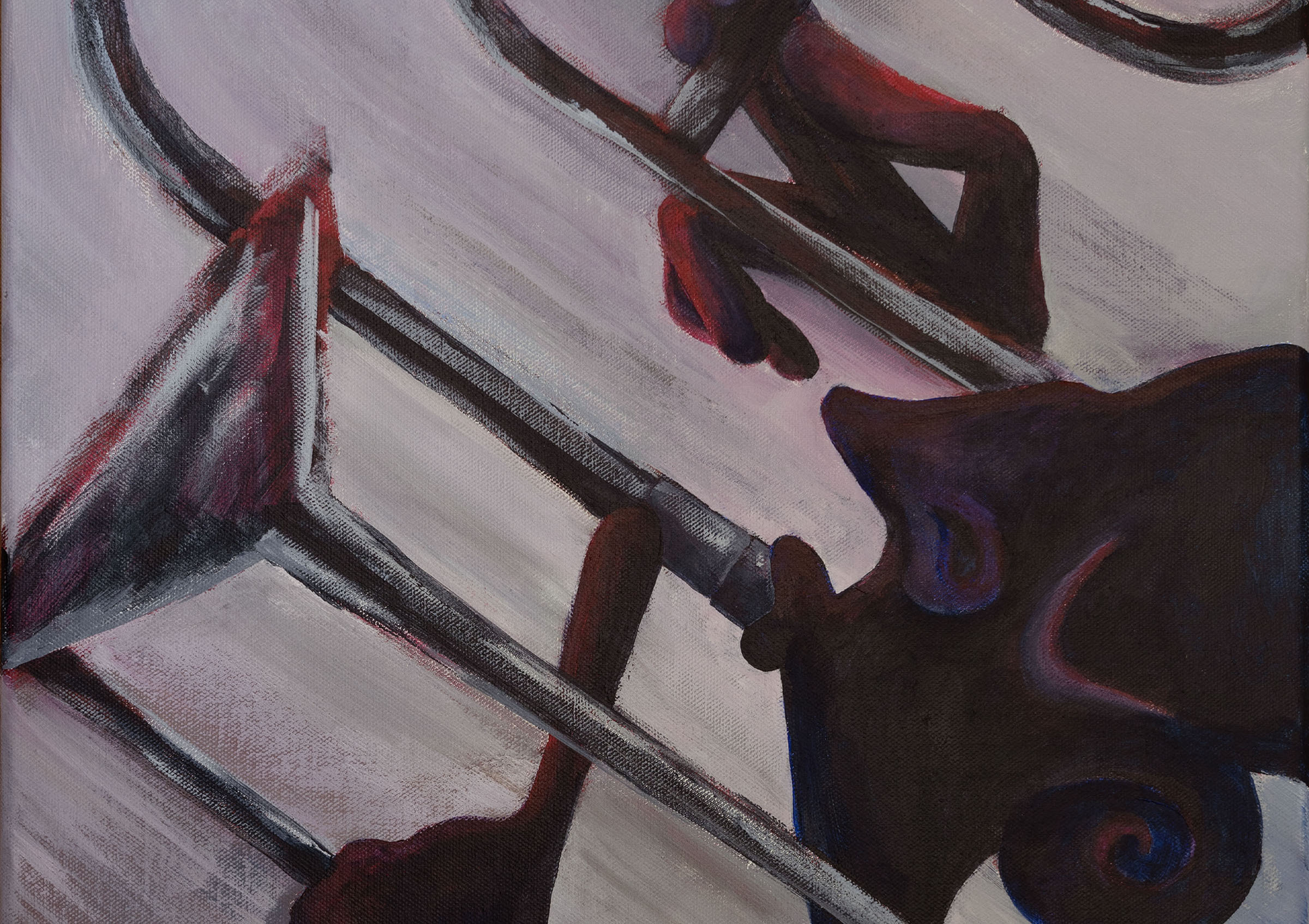 trombone player abstract painting in pink tones