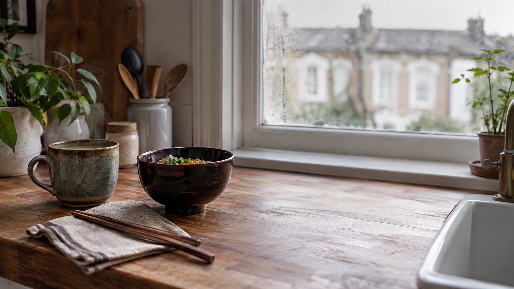 A Japanese lacquer rice bowl and an English mug of tea side by side on a kitchen worktop by a sash window