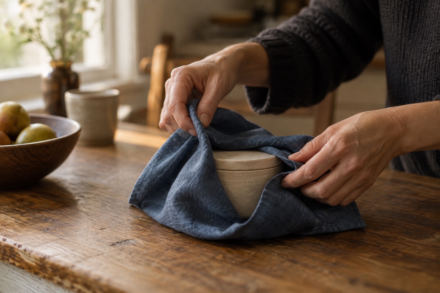 A pair of hands carefully folding a worn indigo cloth around a small lidded container on a wooden kitchen table