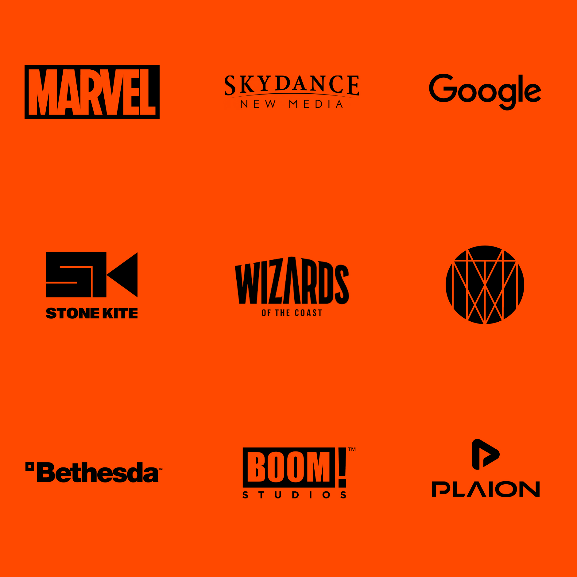 A grid of client logos including Marvel and Google.