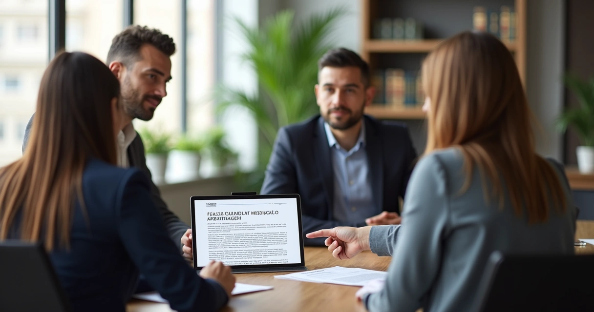 Mesa de reunião com três pessoas discutindo contrato de mediação e arbitragem em ambiente moderno e iluminado 