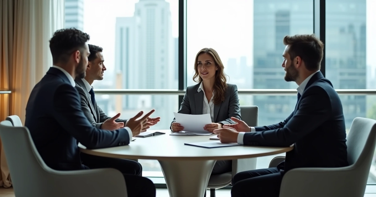 Empresários em sala discutindo ao redor de mesa durante mediação 