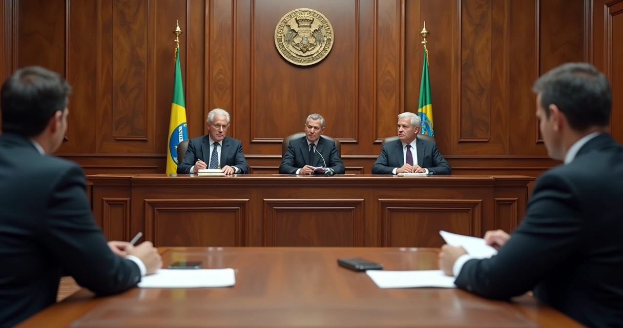 Juízes em tribunal julgando caso de disputa contratual 