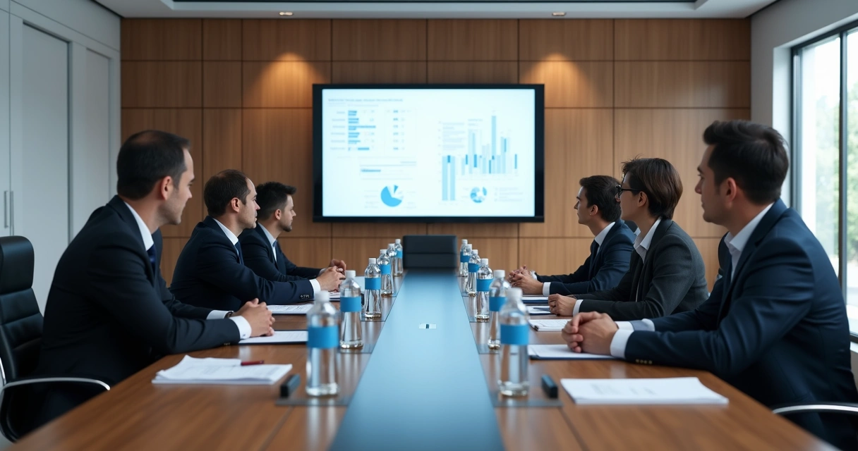 Sala de arbitragem com árbitros e partes discutindo 