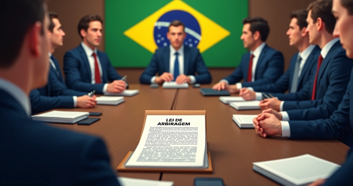 Ilustração de profissionais do direito em mesa debatendo arbitragem