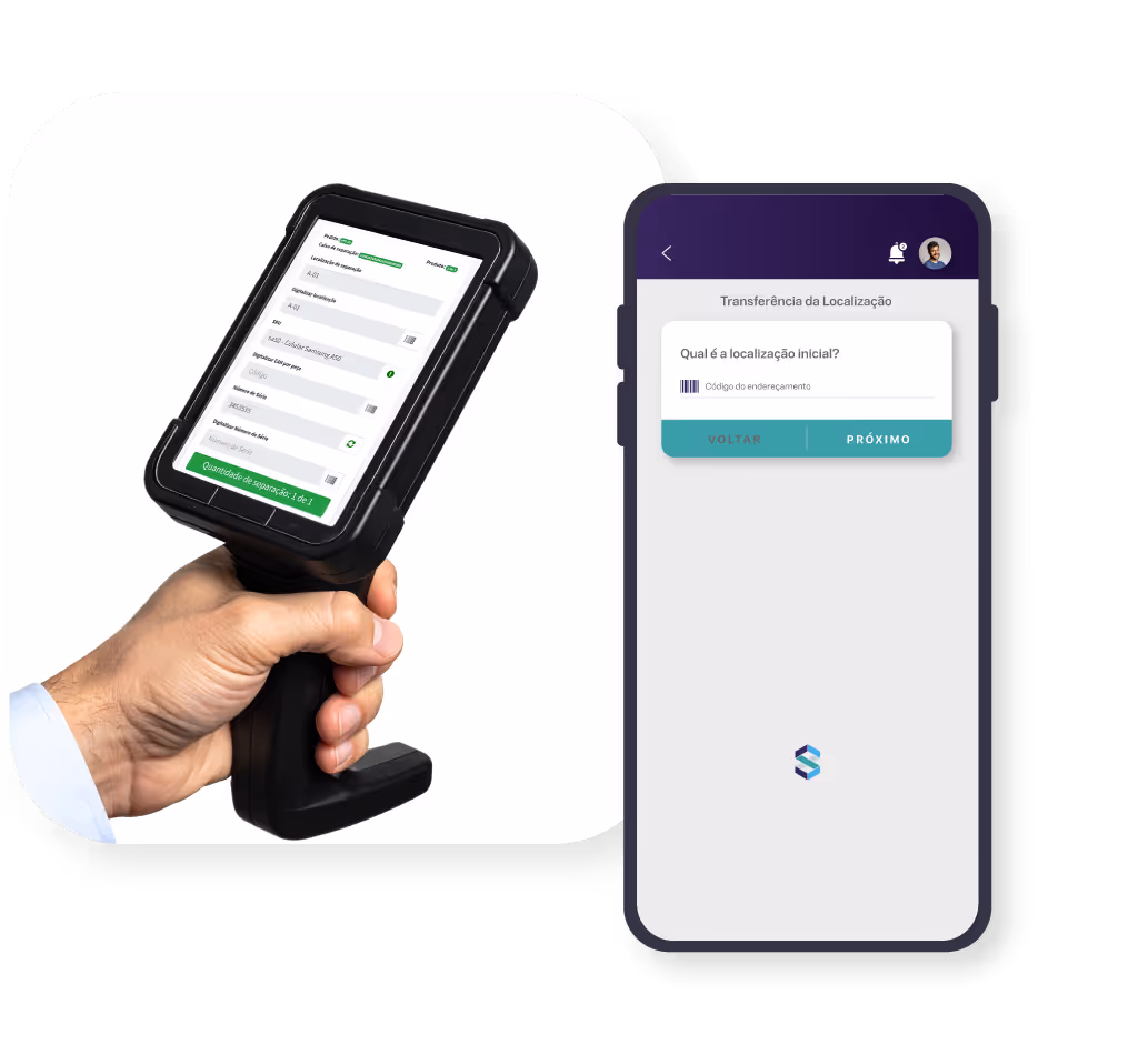 Imagem coletor de dados com sistema da Stokki e aplicativo de celular com sistema da Stokki