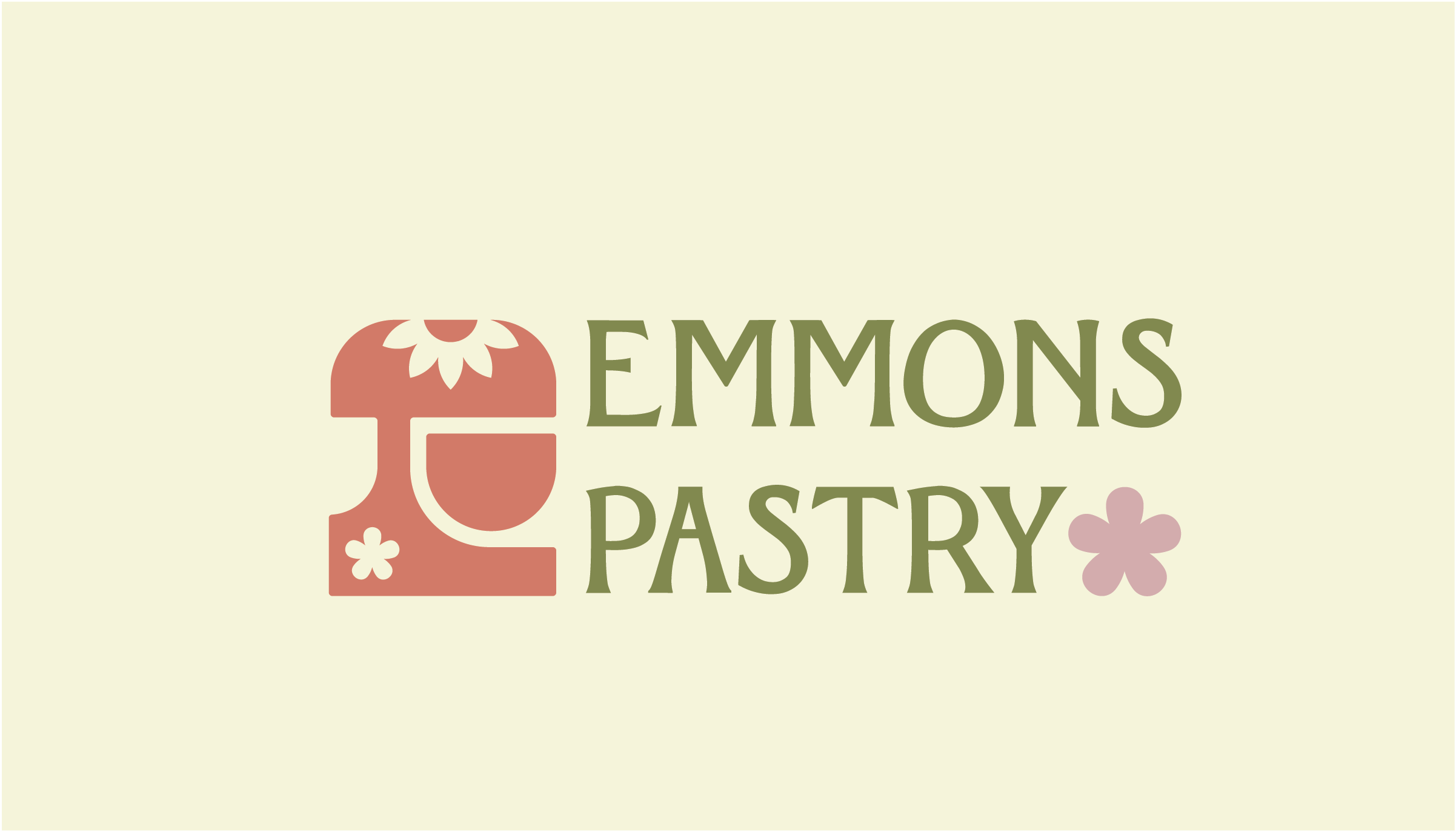 Emmons Pastry logo with a stylized abstract bakery mixer and flower icons, text in olive green on a light beige background.