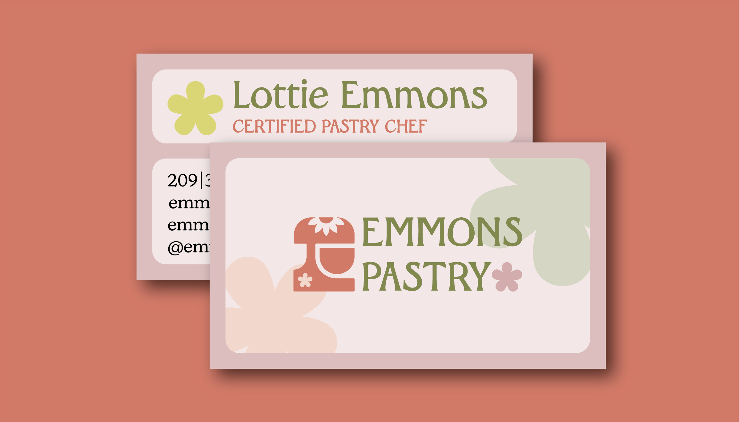 Business cards for Lottie Emmons, certified pastry chef, featuring a vintage mixer logo and floral designs in muted pastel colors.