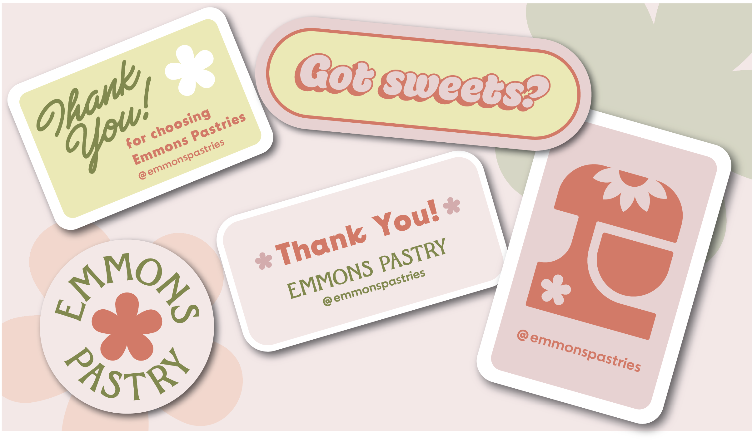 A collection of pastel-colored stickers featuring 'Emmons Pastry' branding, including thank you notes, a flower logo, and the phrase 'Got sweets?'.