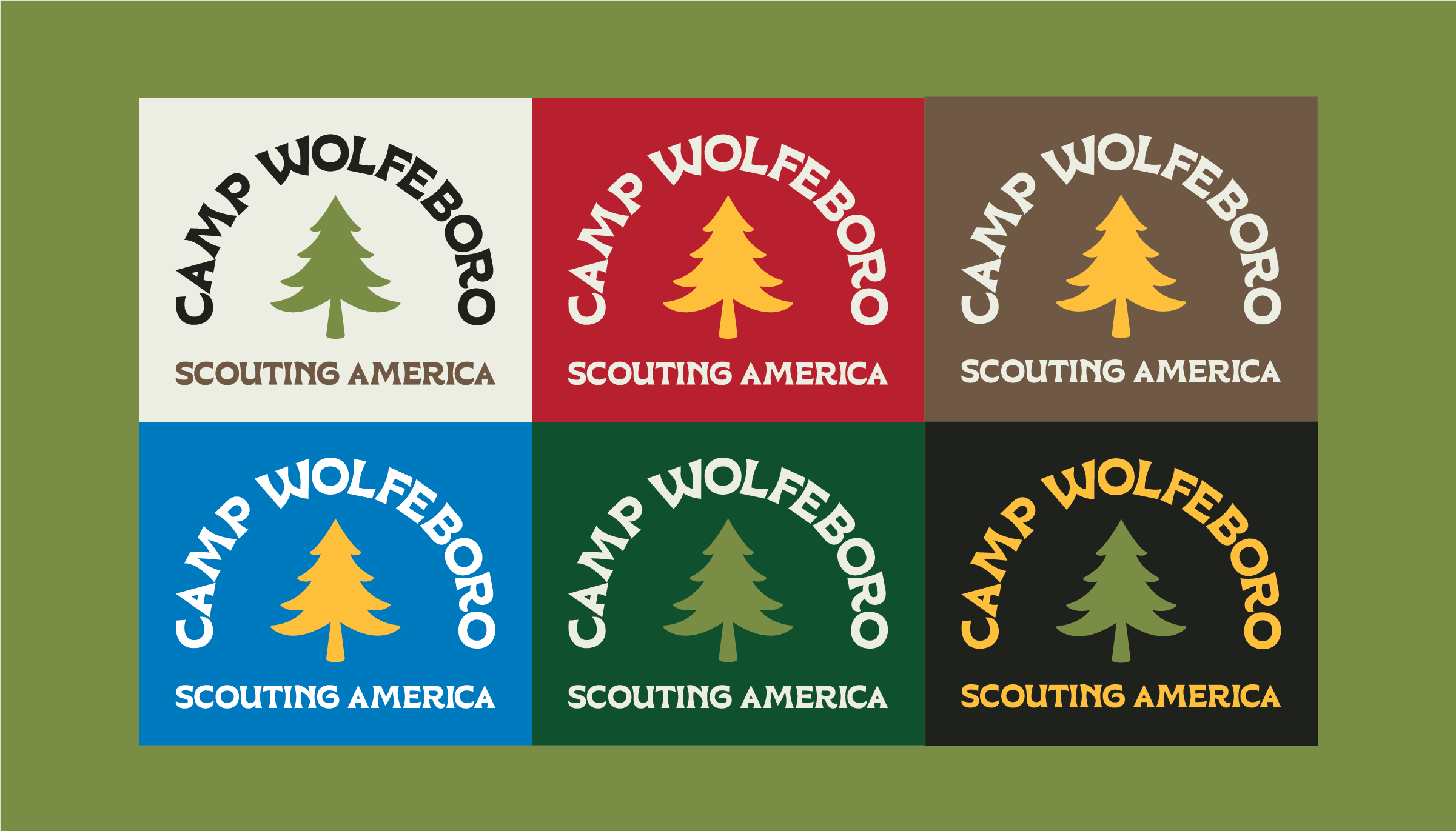 Six variations of Camp Wolfeboro logos with a pine tree and text 'Camp Wolfeboro' and 'Scouting America' in different color schemes.