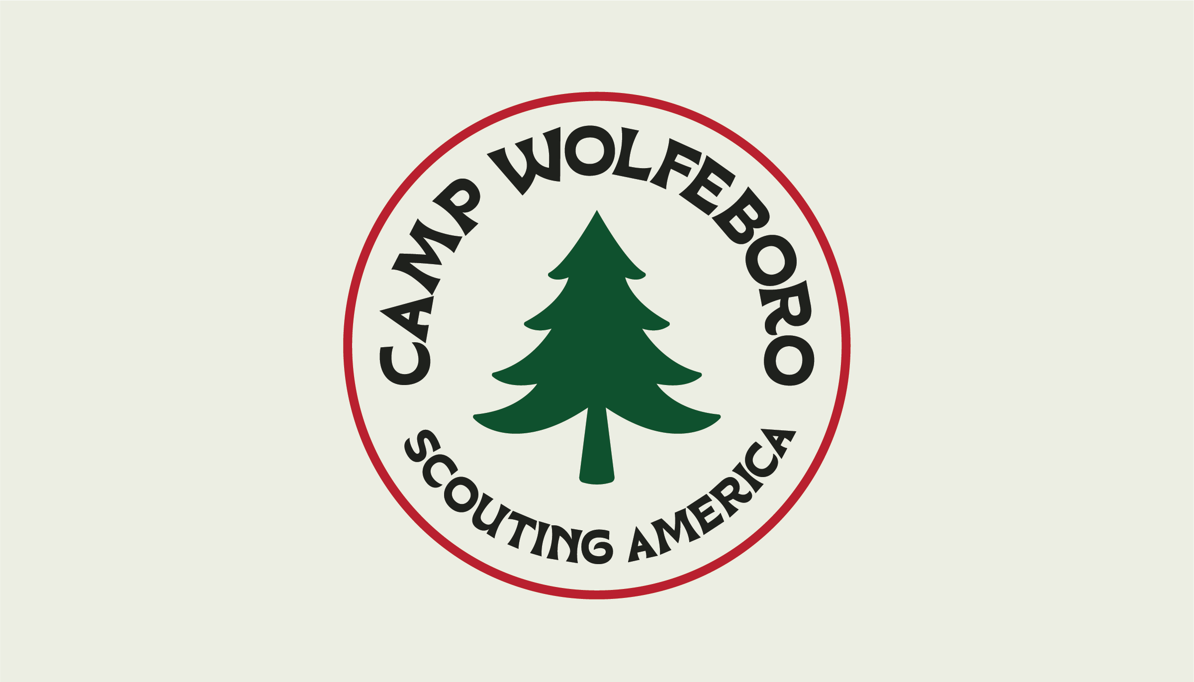 Camp Wolfeboro circular logo with a green pine tree in the center and text reading 'Camp Wolfeboro' and 'Scouting America' inside a red-bordered circle.