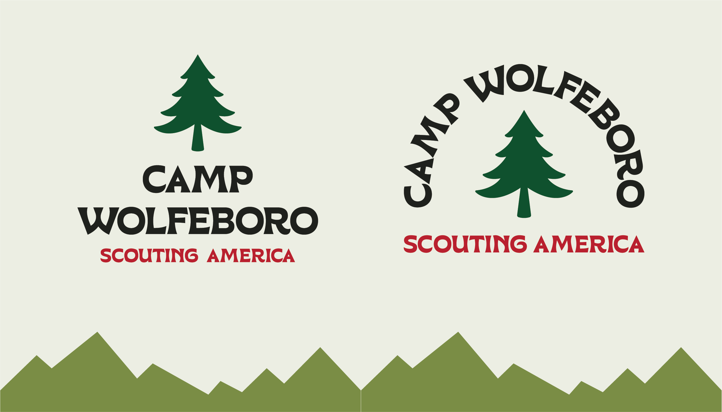 Two Camp Wolfeboro logos with green pine trees and the text 'Camp Wolfeboro Scouting America' in black and red, above a green mountain silhouette.