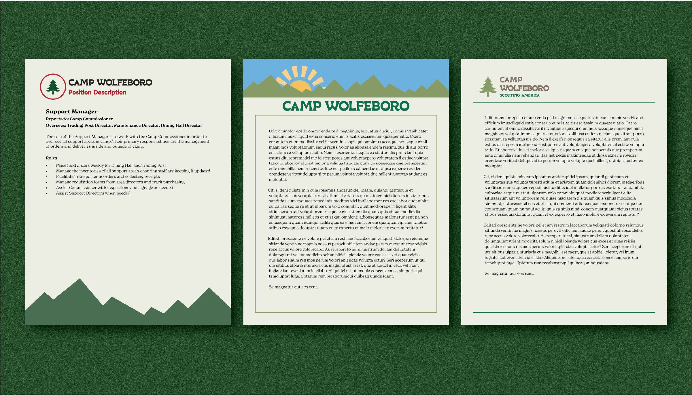 Three cream-colored documents on a green background, featuring mountain graphics and the title 'Camp Wolfeboro'; the left document is a Support Manager position description with bullet points, the center and right documents contain paragraphs of placeholder text.