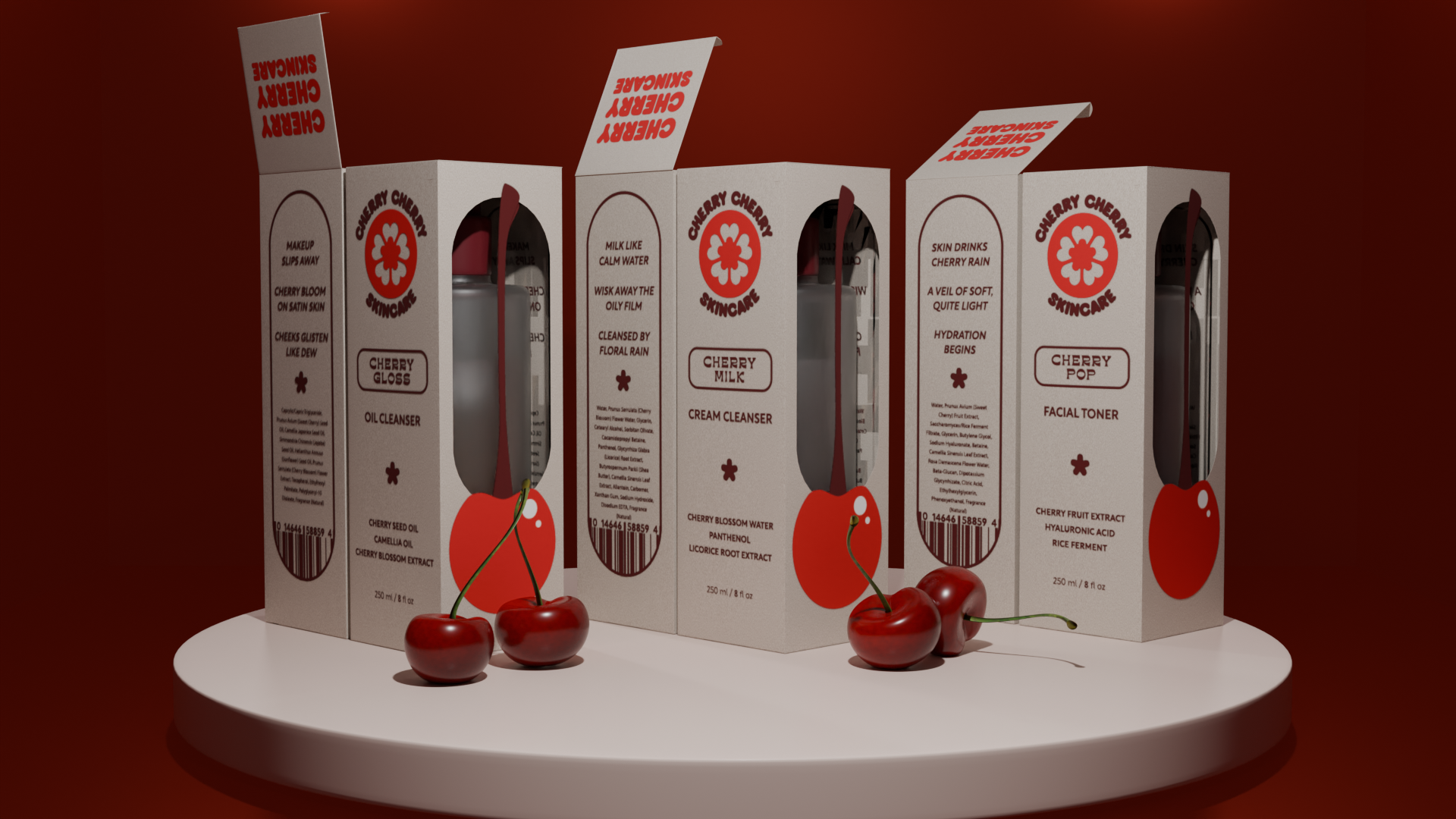 Three Cherry Cherry Skincare product boxes labeled Cherry Gloss oil cleanser, Cherry Milk cream cleanser, and Cherry Pop facial toner, displayed with fresh cherries on a white circular platform.