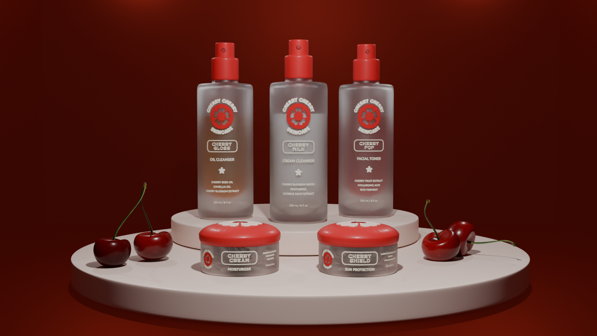 Five Cherry Cherry Skincare products including Cherry Gloss oil cleanser, Cherry Milk cream cleanser, Cherry Pop facial toner, Cherry Cream moisturizer, and Cherry Shield sun protection on round white platforms with cherries around them.