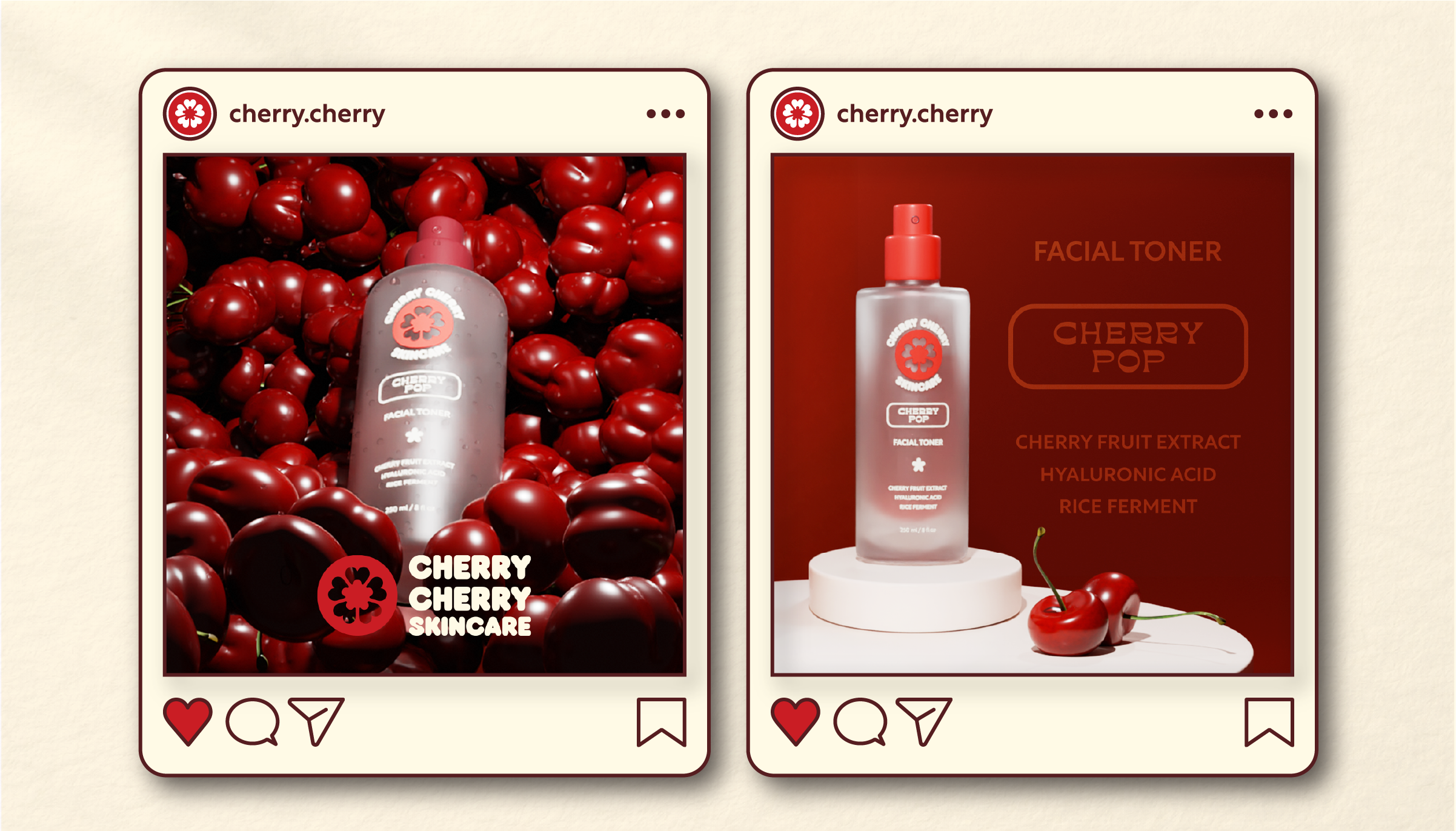 Two social media style posts featuring Cherry Cherry Skincare's Cherry Pop facial toner with cherry fruit extract, hyaluronic acid, and rice ferment.