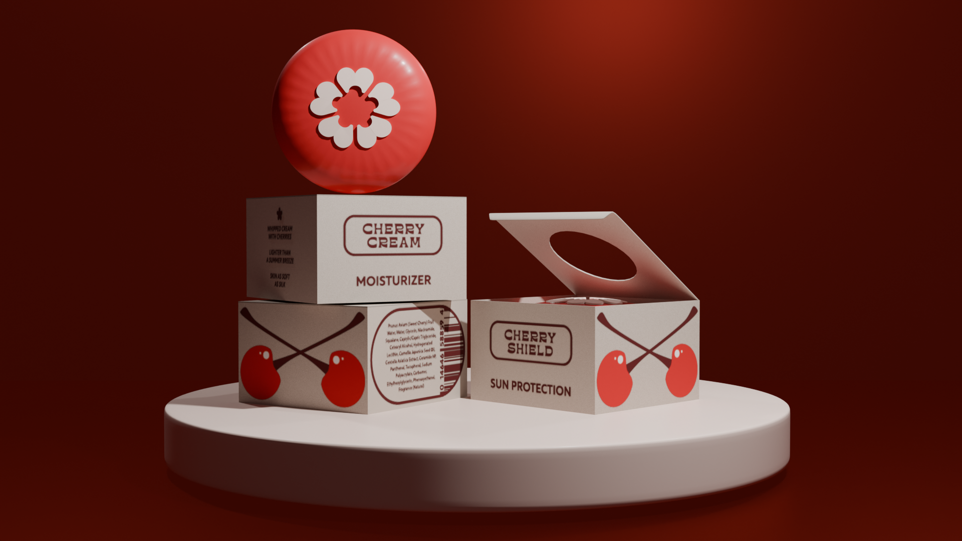 Cherry-themed skincare products including a moisturizer and sun protection cream displayed on a white round platform against a dark red background.