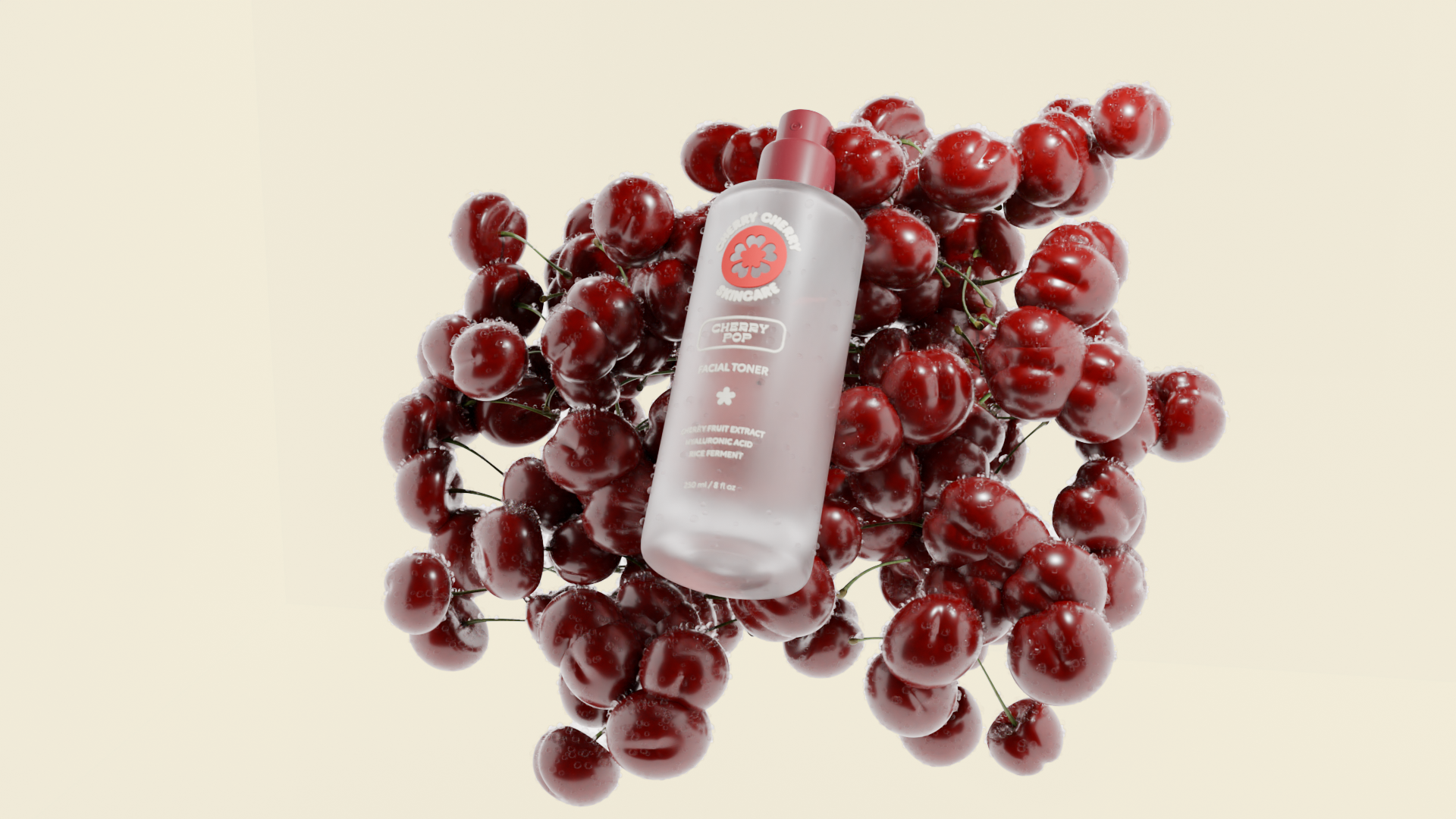 Facial toner bottle labeled Cherry Pop surrounded by fresh red cherries with water droplets on a light background.