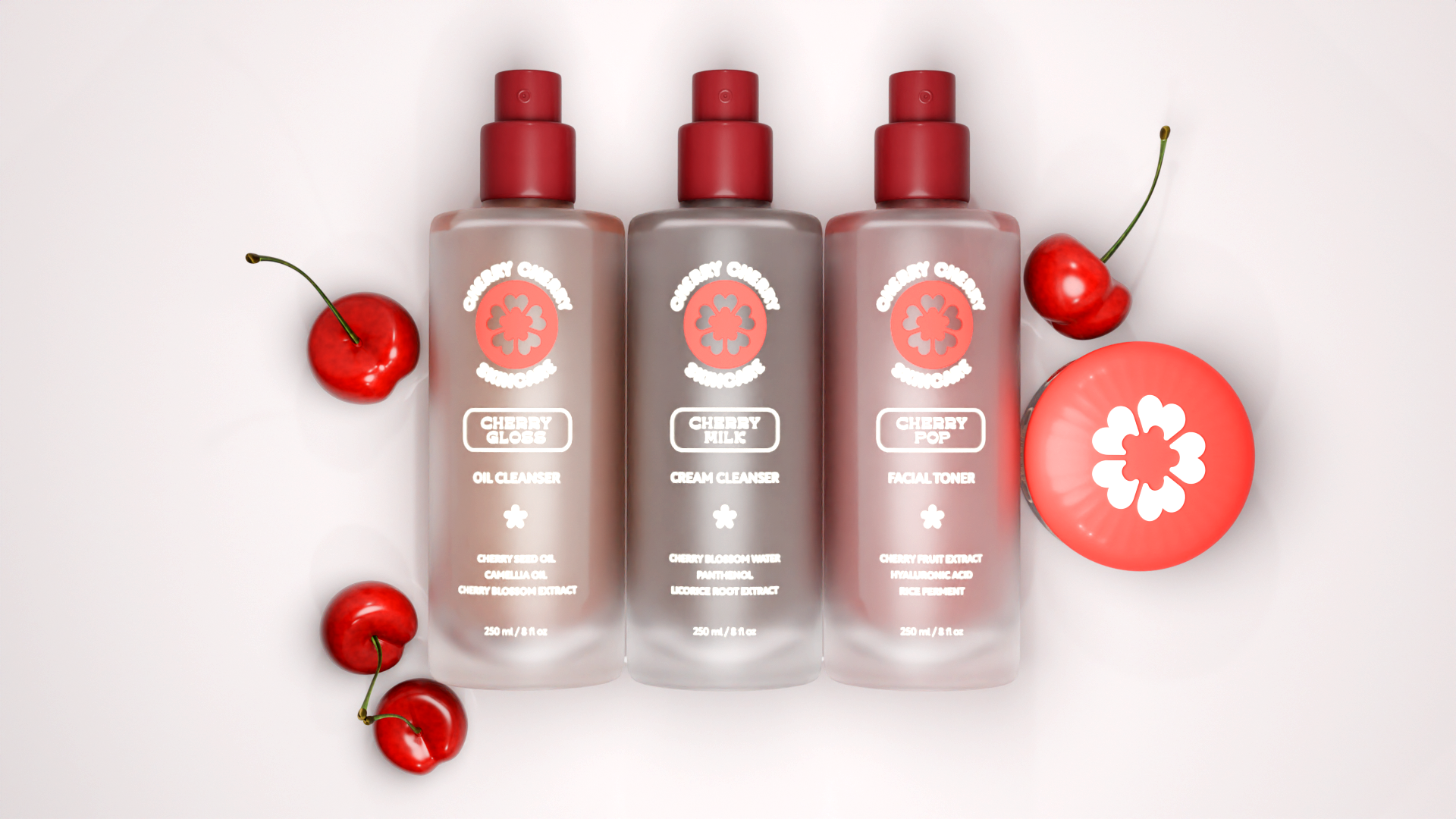 Three skincare bottles labeled Cherry Gloss oil cleanser, Cherry Milk cream cleanser, and Cherry Pop facial toner with fresh cherries and a red container lid on a white surface.