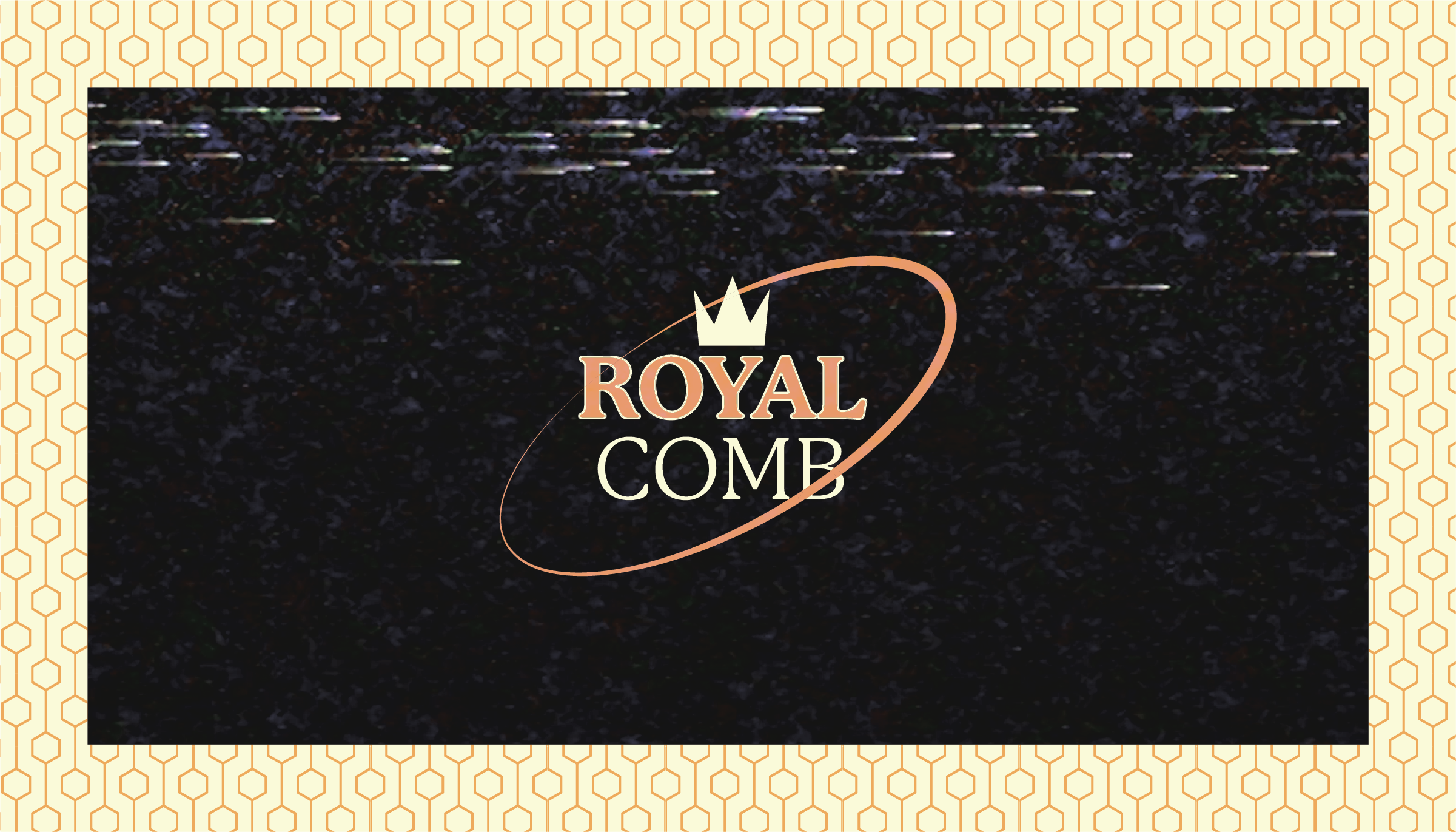 Royal Comb logo with a crown and an oval-shaped swoosh on a black background with hexagonal pattern border.
