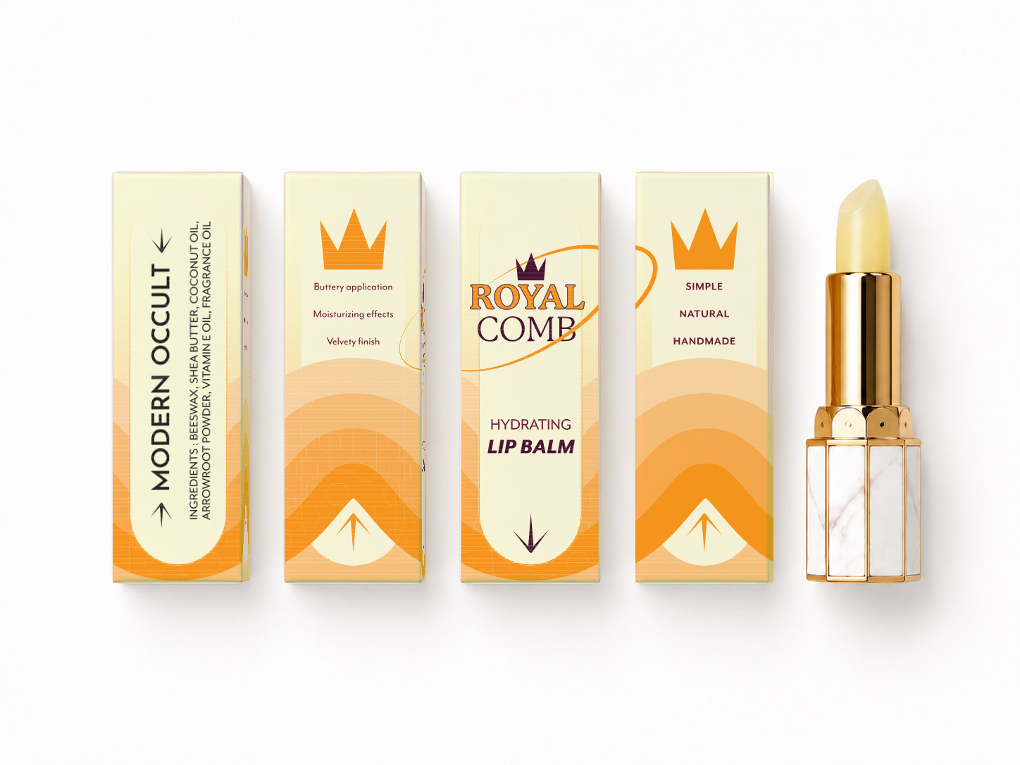 Royal Comb hydrating lip balm with white and gold case and four boxes highlighting natural, handmade, moisturizing benefits.