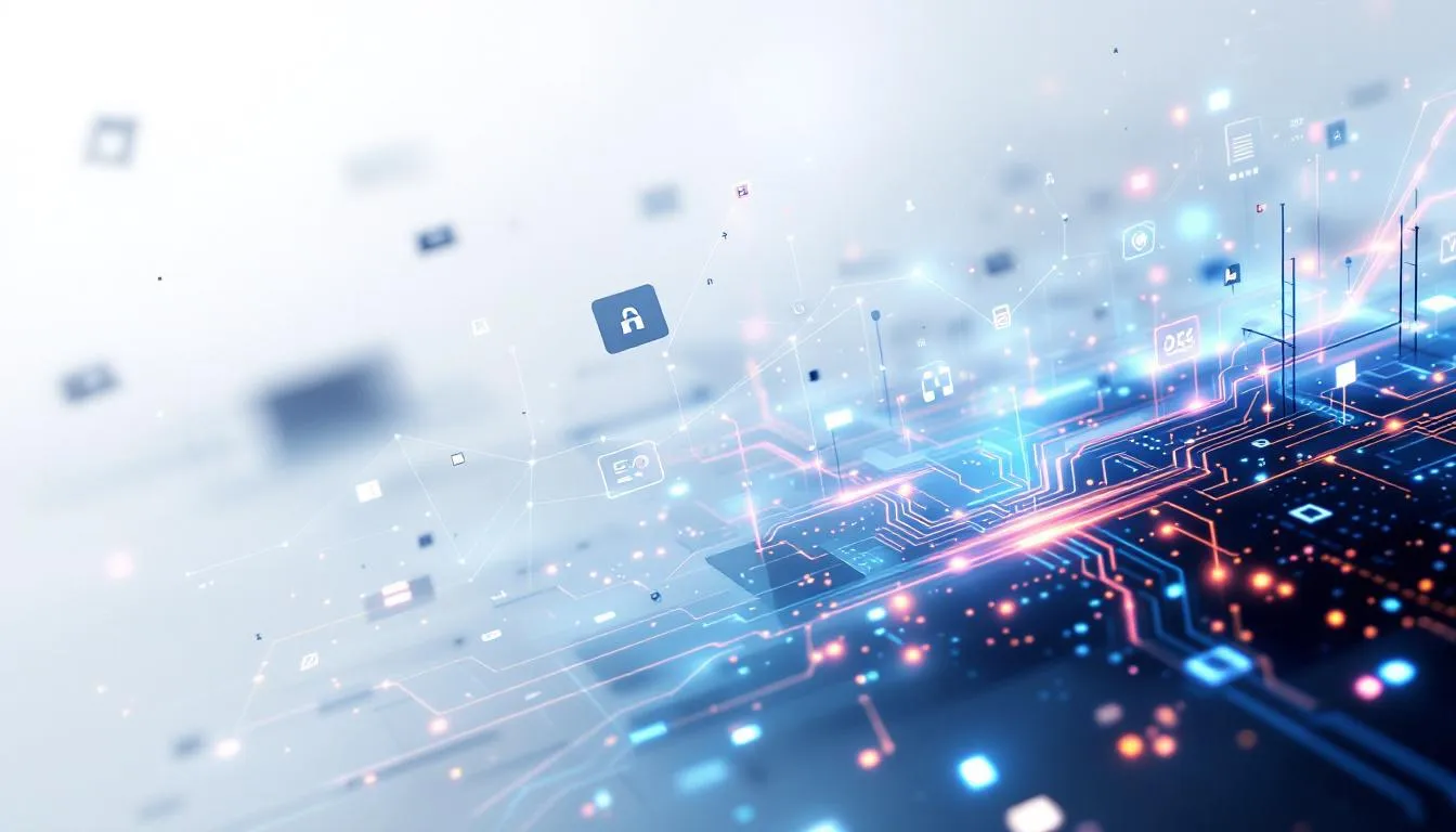 A graphic image of a digital network, showing a glowing circuit board.