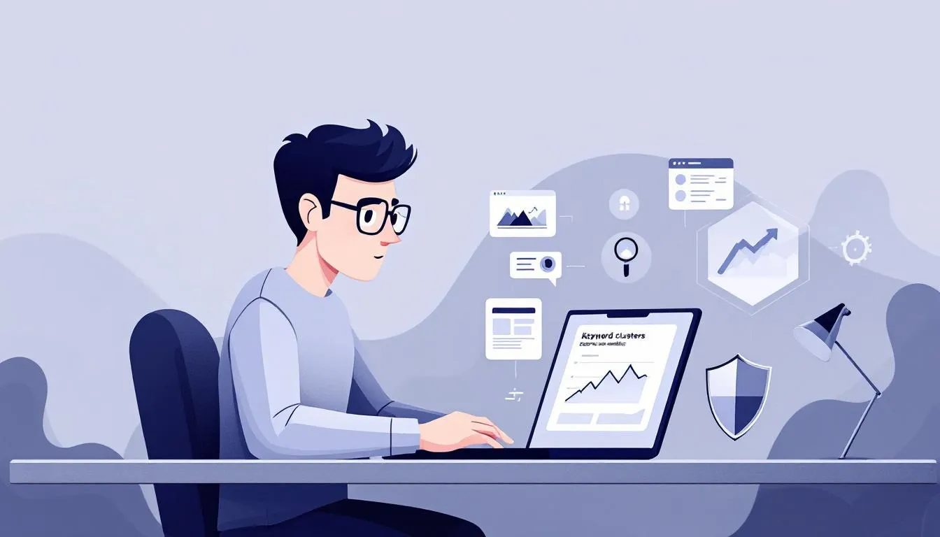 A graphic of a man sitting at a desk with a laptop, analyzing data.
