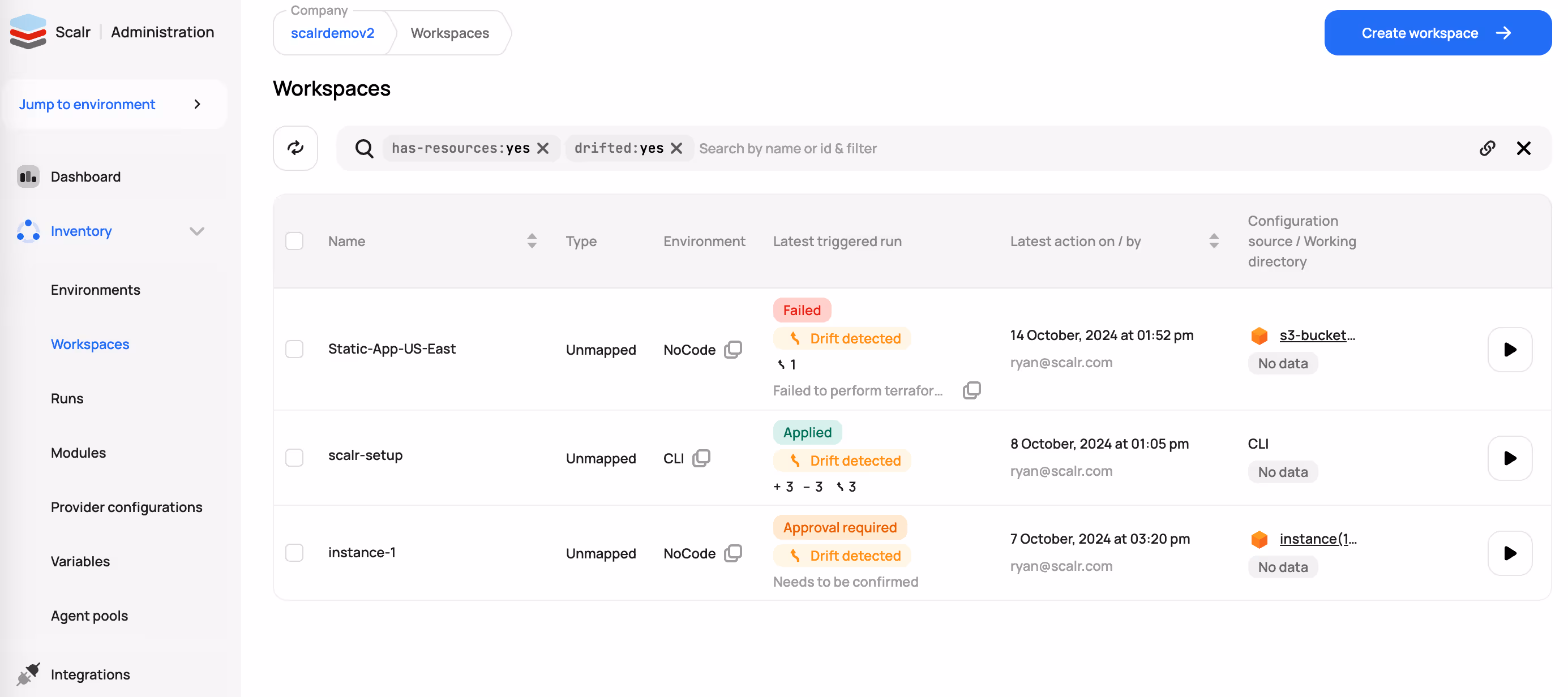 Screenshot of Scalr Workspace