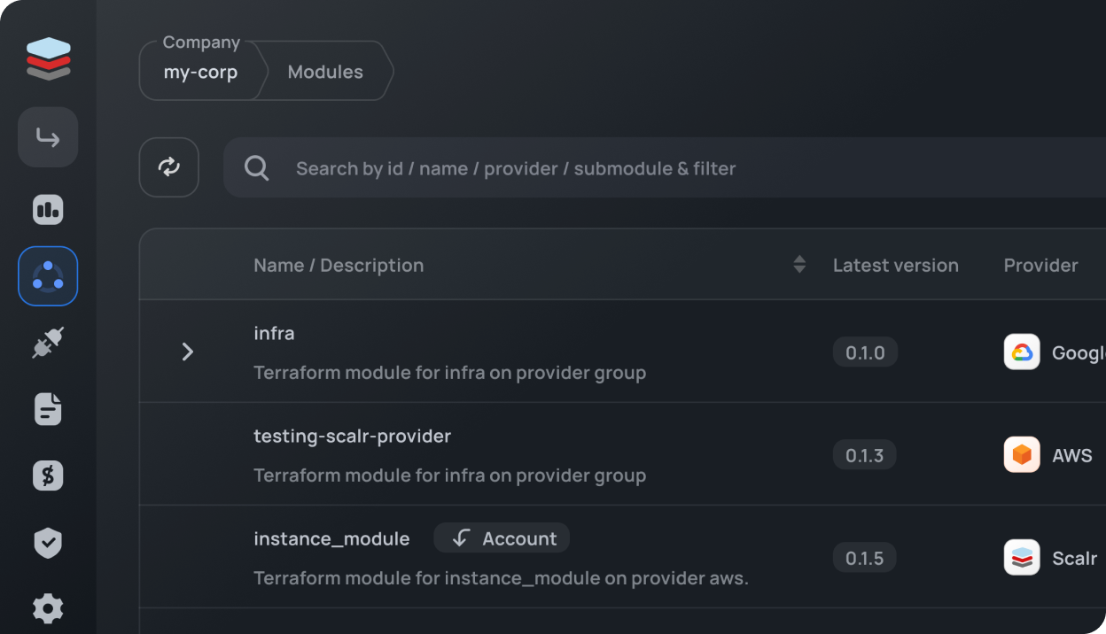 A screenshot of the modules page in the Scalr Platform