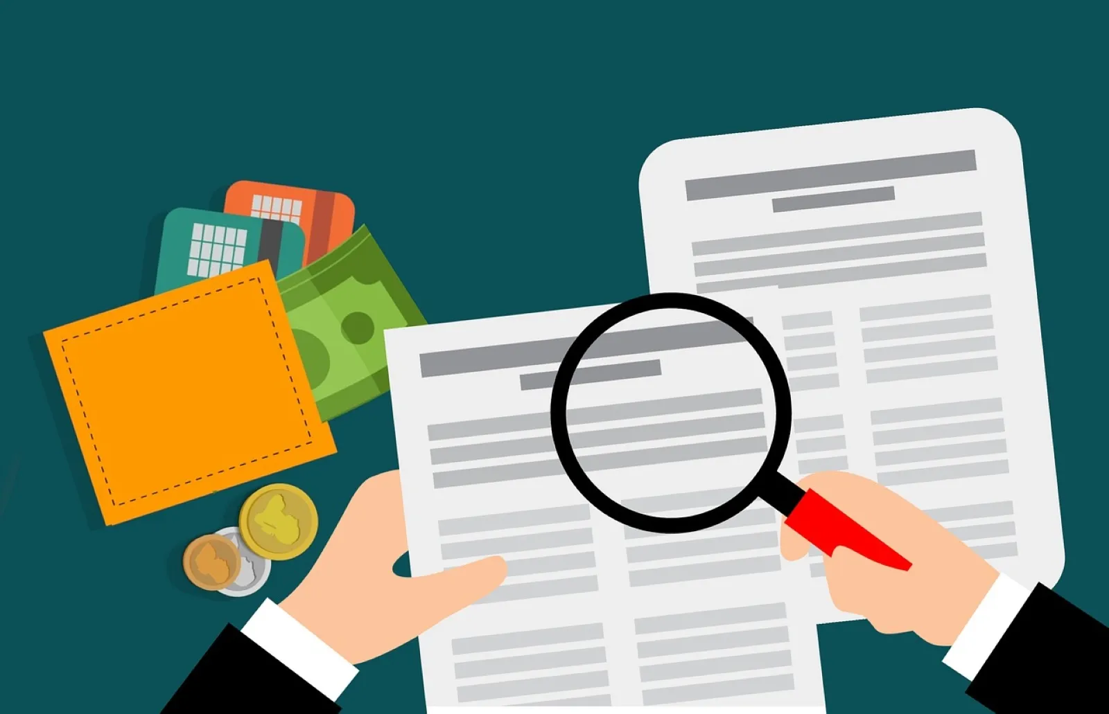 A graphic picture of papers and a wallet with magnifying glass