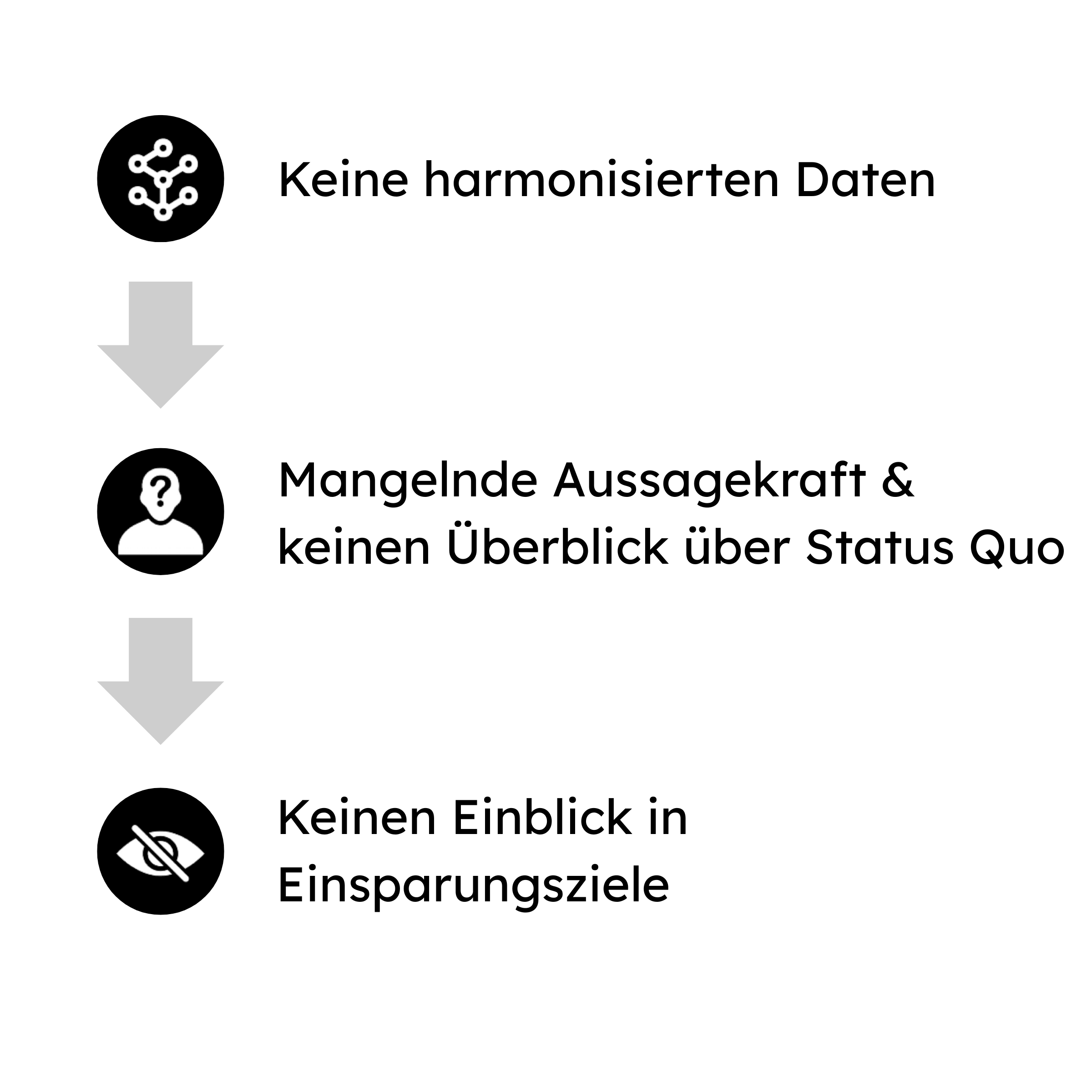 Grafik mit drei Problemen: keine harmonisierten Daten, mangelnde Aussagekraft und kein Überblick über den Status quo sowie kein Einblick in Einsparungsziele.