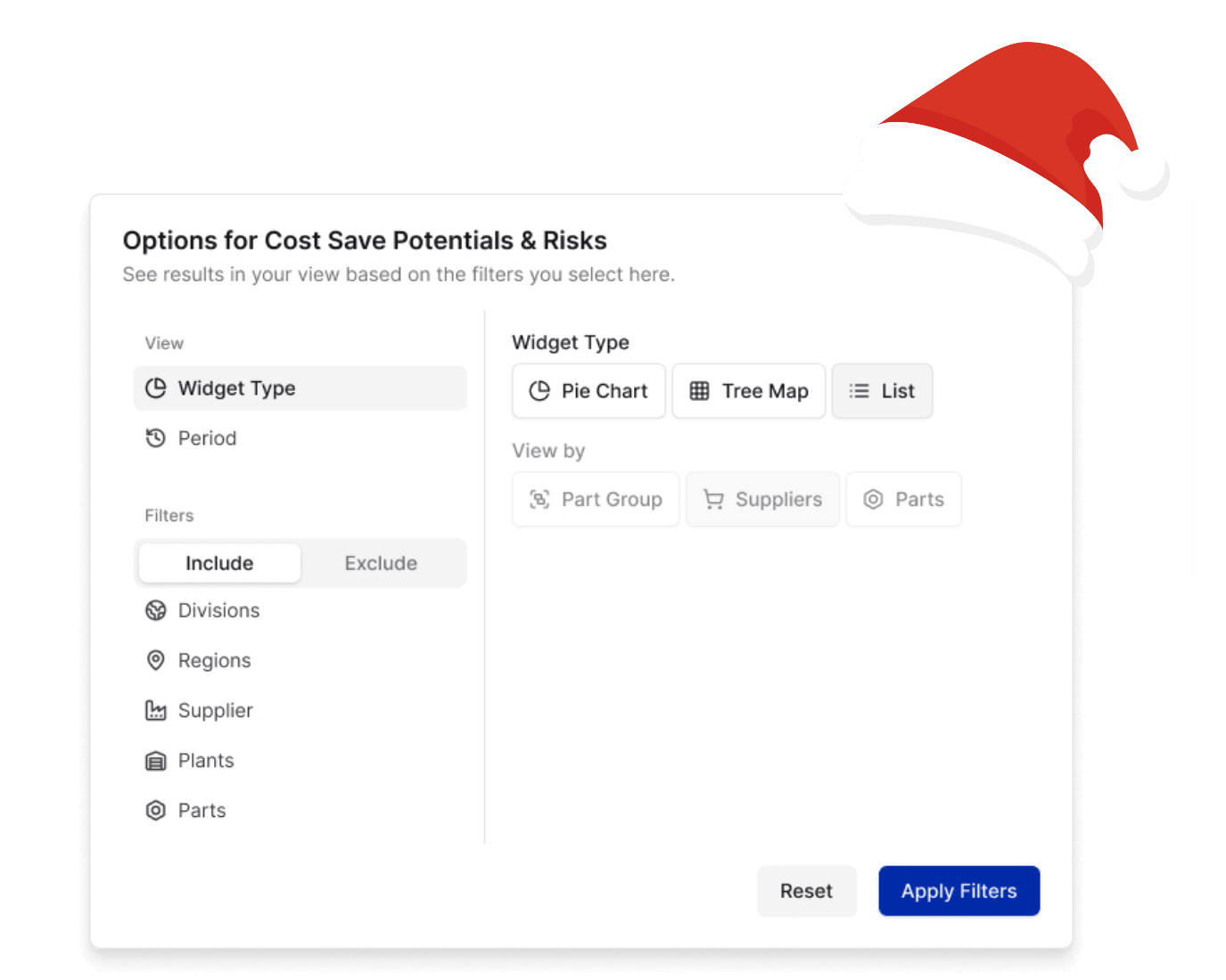 Benutzeroberfläche zur Analyse von Einsparpotenzialen und Risiken mit Filteroptionen, Diagrammtypen und Auswahlmöglichkeiten für Datenansichten.