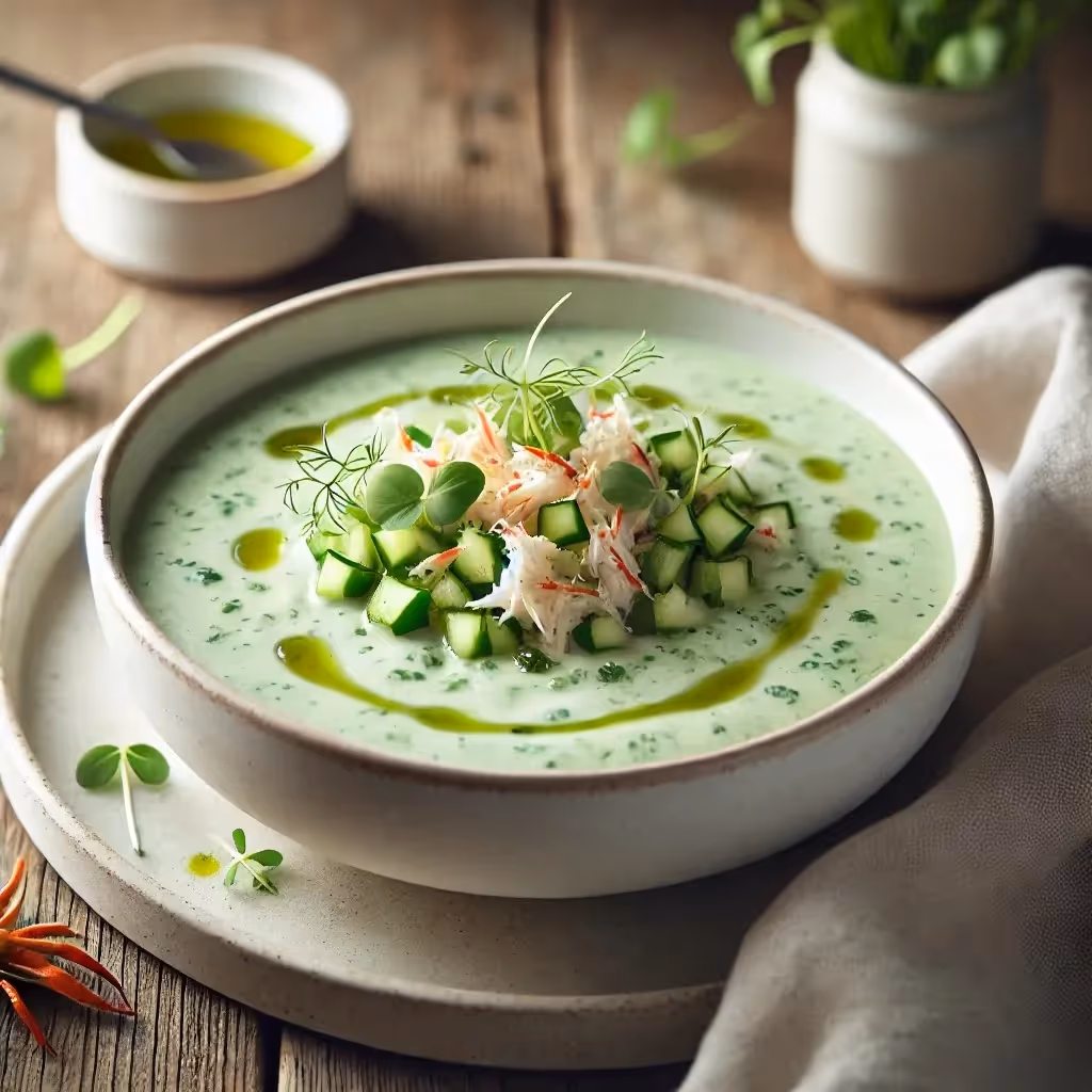 Chilled Horseradish & Cucumber Gazpacho with Crab Salad