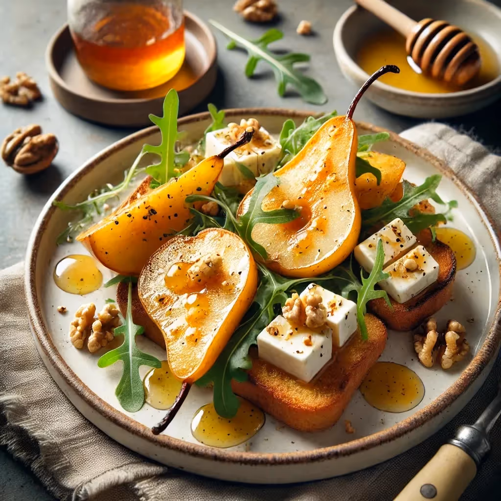 Honey-Roast Pears with Halloumi & Rocket Toast Recipe