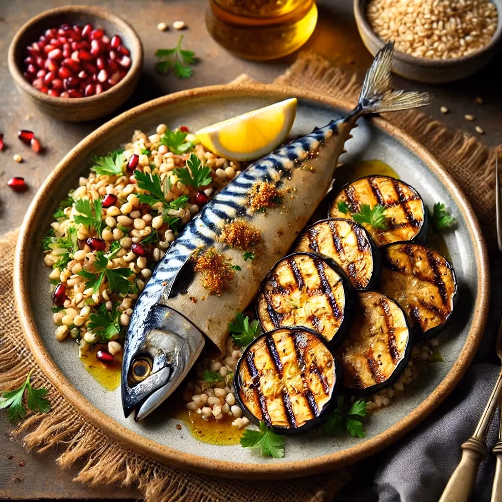 BBQ Mackerel with Za’atar Aubergines & Barley Salad