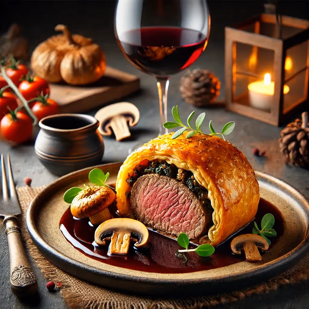 Elegant Beef Wellington with Red Wine Jus – A Festive Center