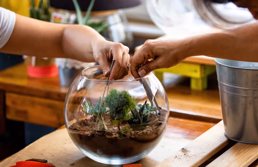 Close-up of hands carefully creating a terrarium in a glass bowl, crafting a miniature indoor garden. A unique HOMETAINMENT experience in London, perfect for creative workshops, private events, and eco-friendly home activities.