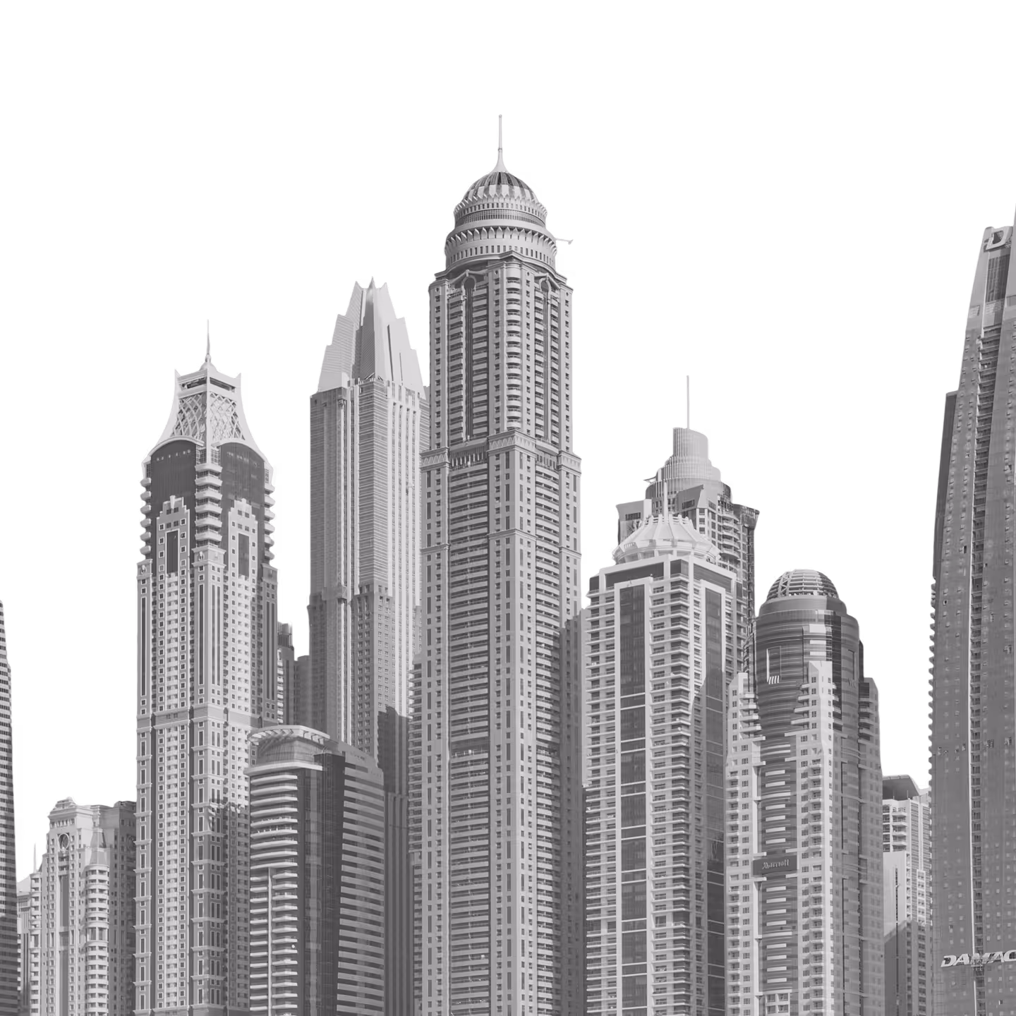 Cluster of modern high-rise skyscrapers with varied architectural designs.