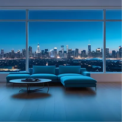 Luxury Dubai apartment with floor-to-ceiling windows and city skyline view at night