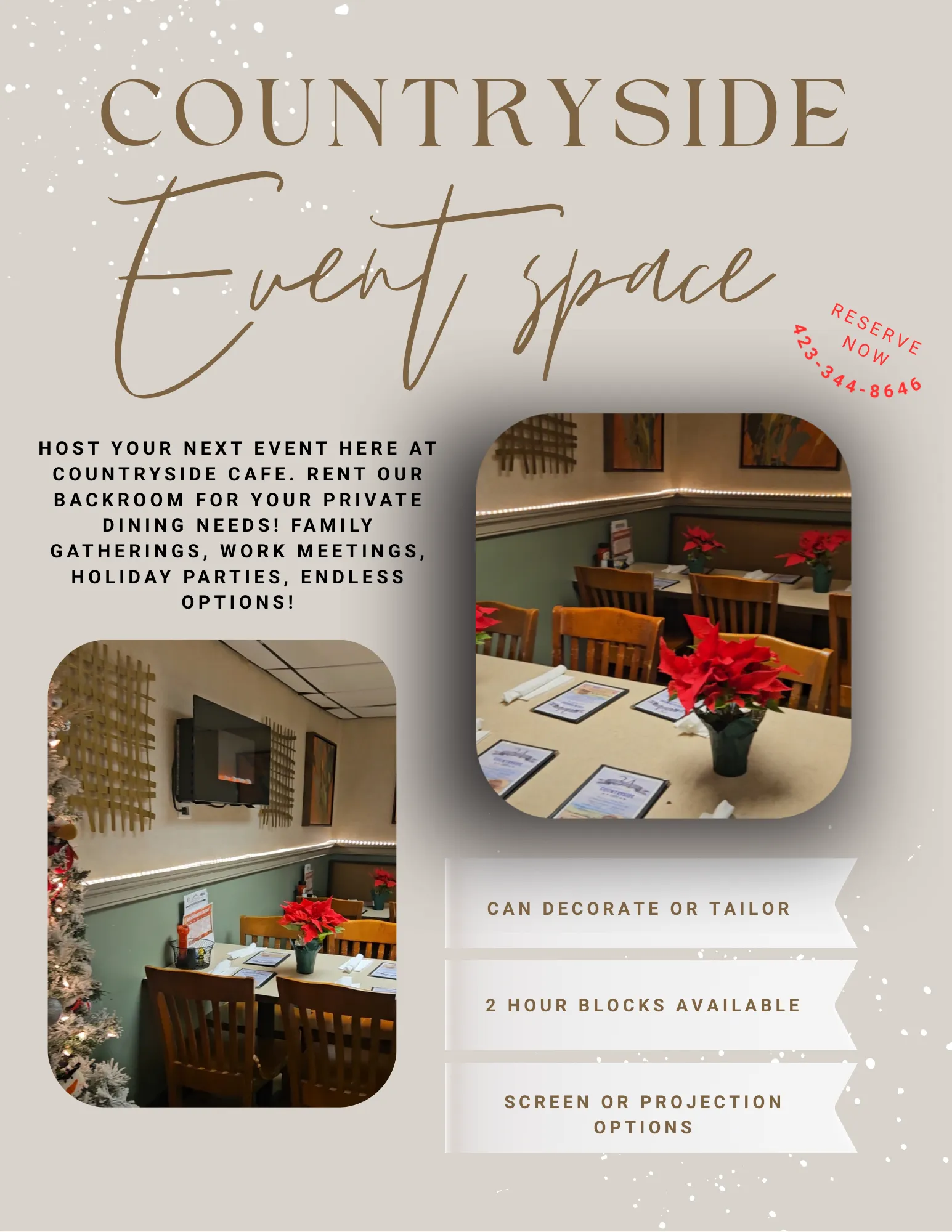 Countryside event space with wooden chairs and tables decorated with poinsettia flowers and menus, featuring options for private dining, decoration, and projection.